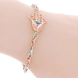 10k Two Tone Gold Hand of Fatima Hamsa Charm Bracelet with Turquoise 7" 8.5grams - 7"