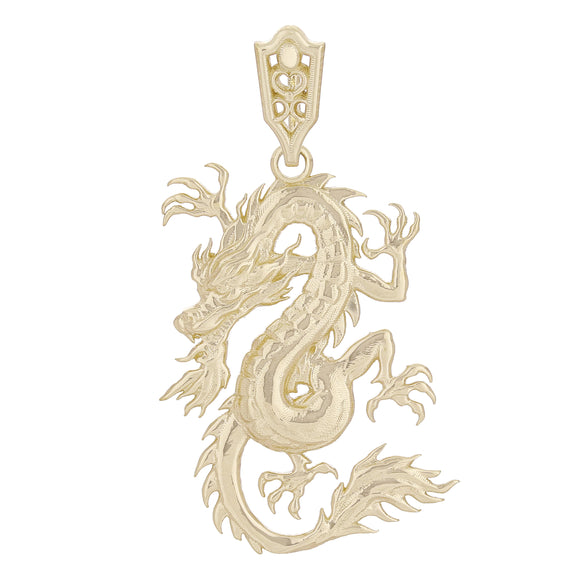 14k Yellow Gold Bright Polish Lucky Asian Chinese Curling Dragon Pendant