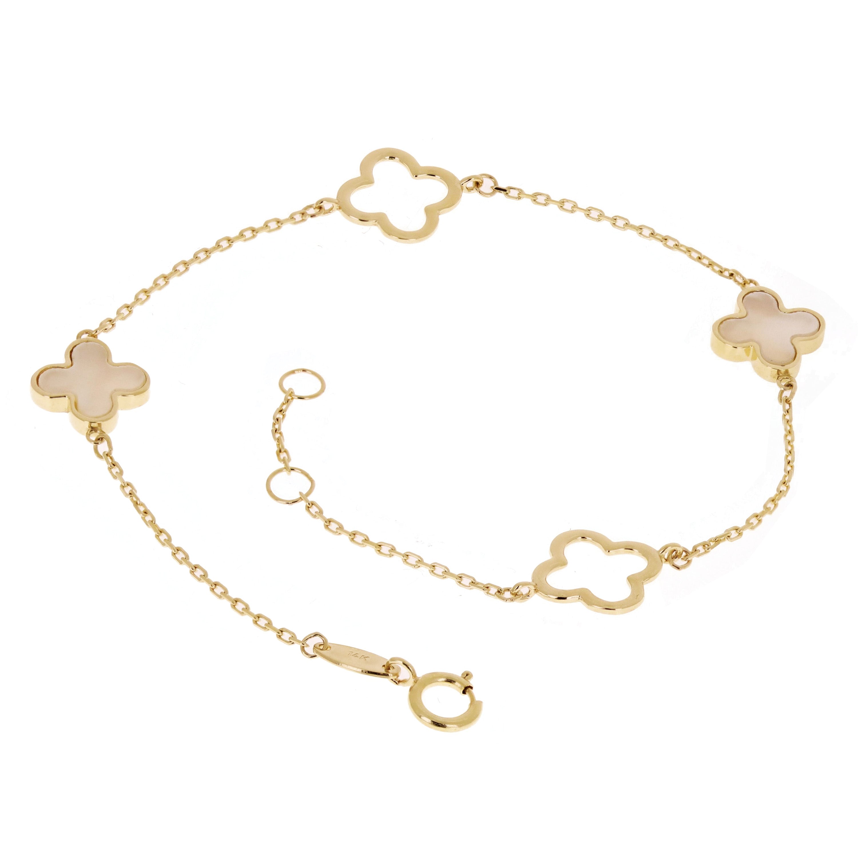 Italian 14k Yellow Gold Pearl Flower Charm Station Bracelet 7" 1.8 grams