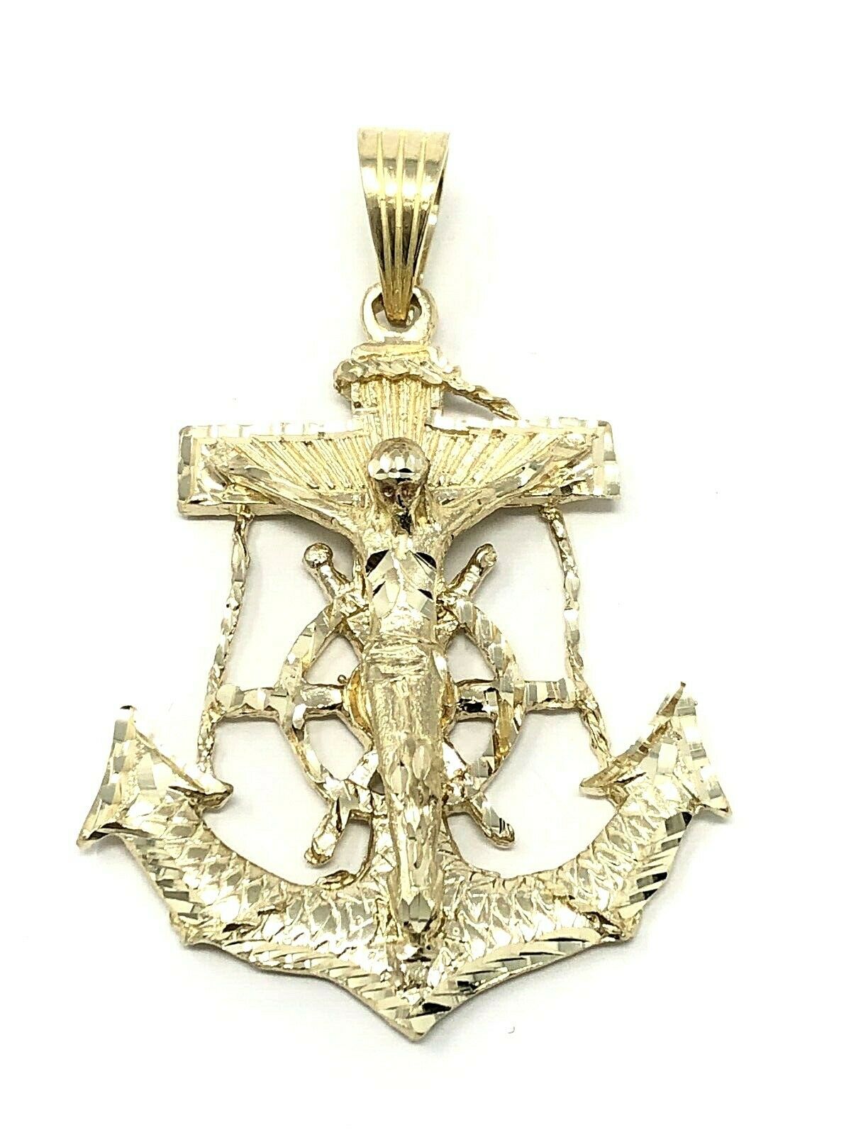 14k Yellow Gold Solid Big Anchor Mariner Cross Jesus Crucifix Pendant 3" 35.5g