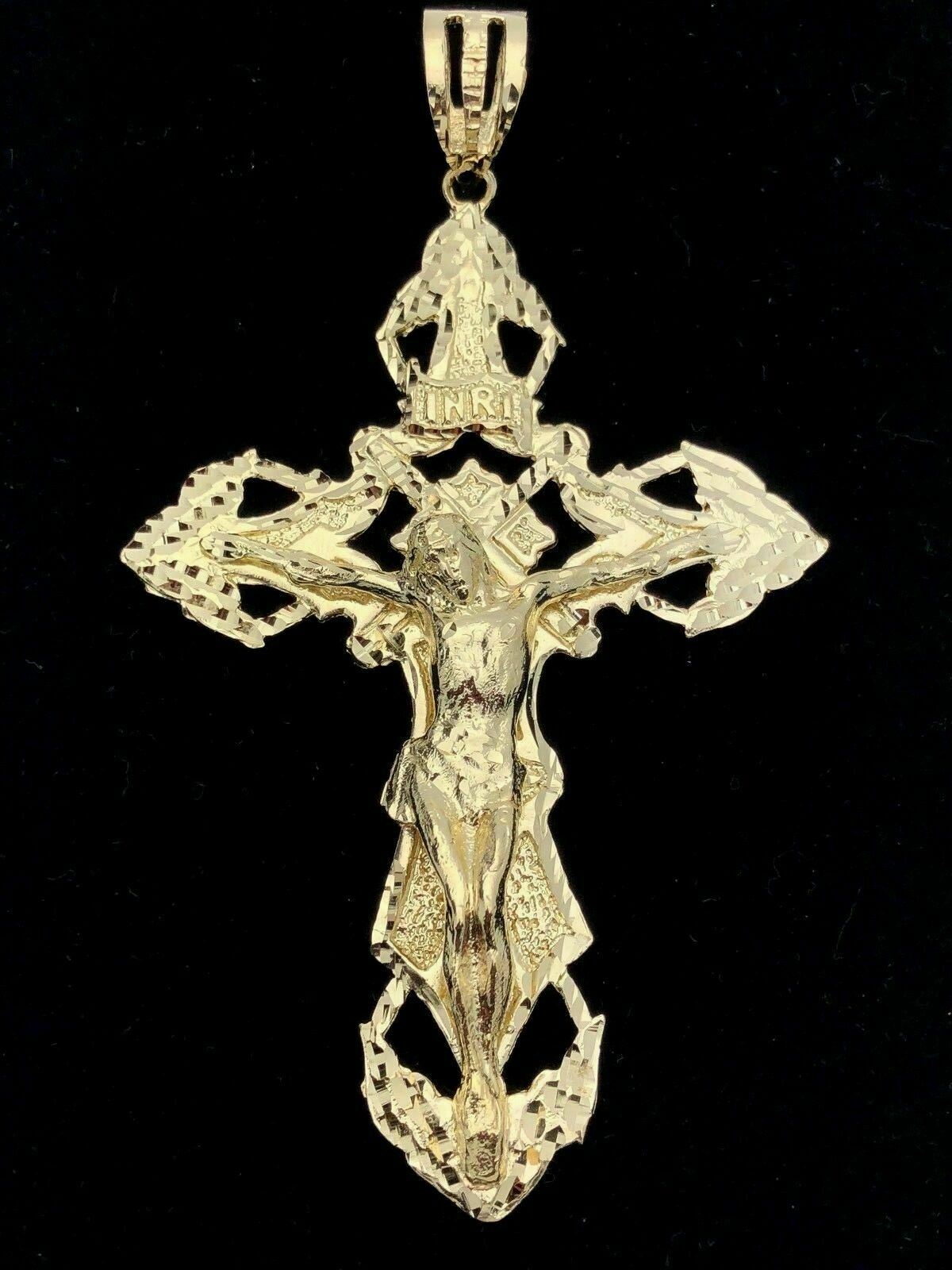 14k Yellow Gold Religious INRI Jesus Christ 3D Big Cross Pendant 5.25"-57.7grams