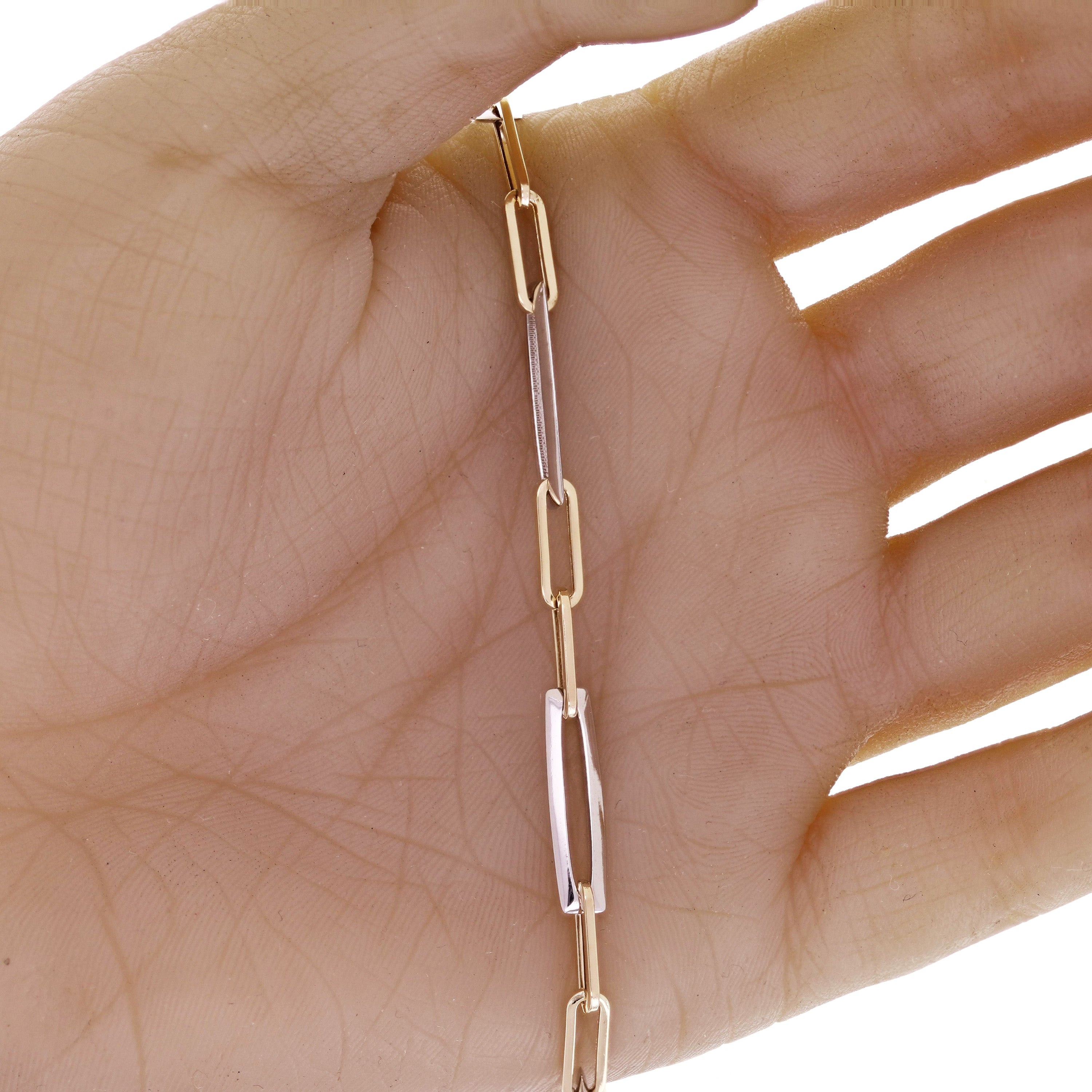 Italian 14k Yellow & White Gold Paper Clip Link Chain Bracelet 7.5" 4.6 grams