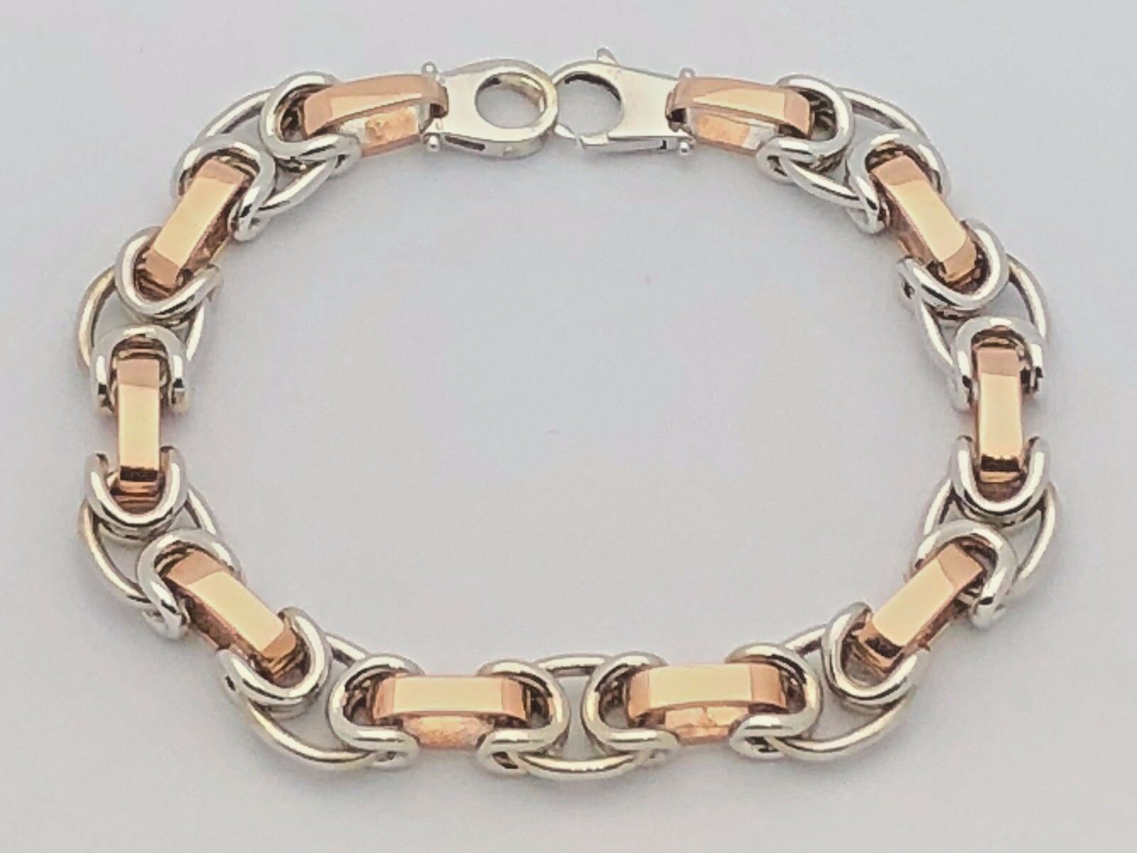 14k Rose & White Gold Handmade Fashion Link Bracelet 8" 10.5mm 38.8 grams