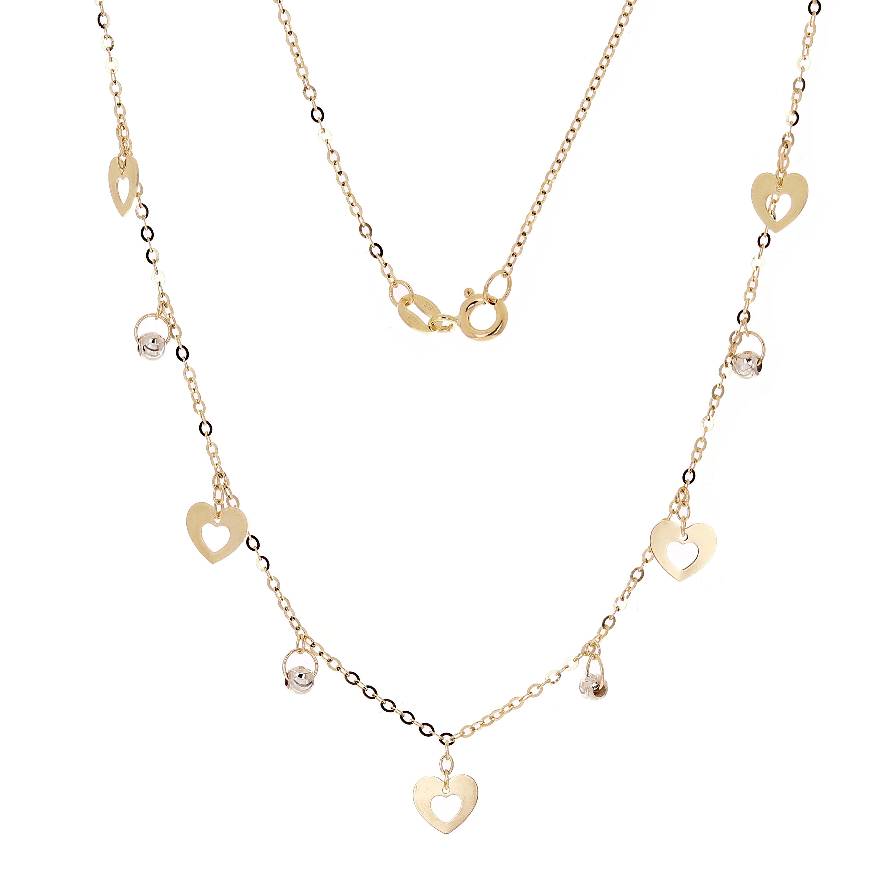Italian 14k Two Tone Gold Ball Bead & Heart Charm Necklace 16.5" 2.1 grams