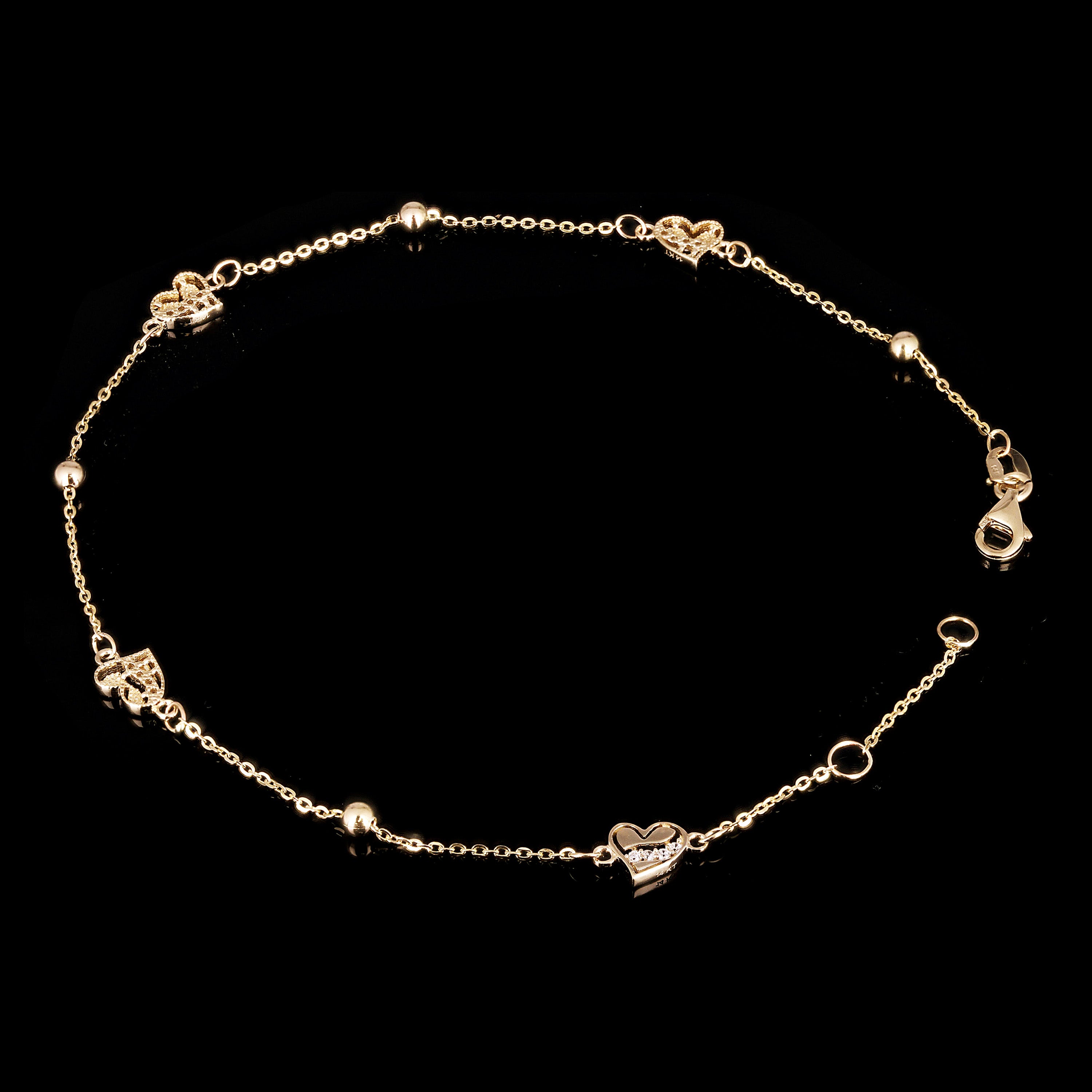 Italian 14k Yellow Gold Heart Station Anklet Bracelet 10" 2.6 grams