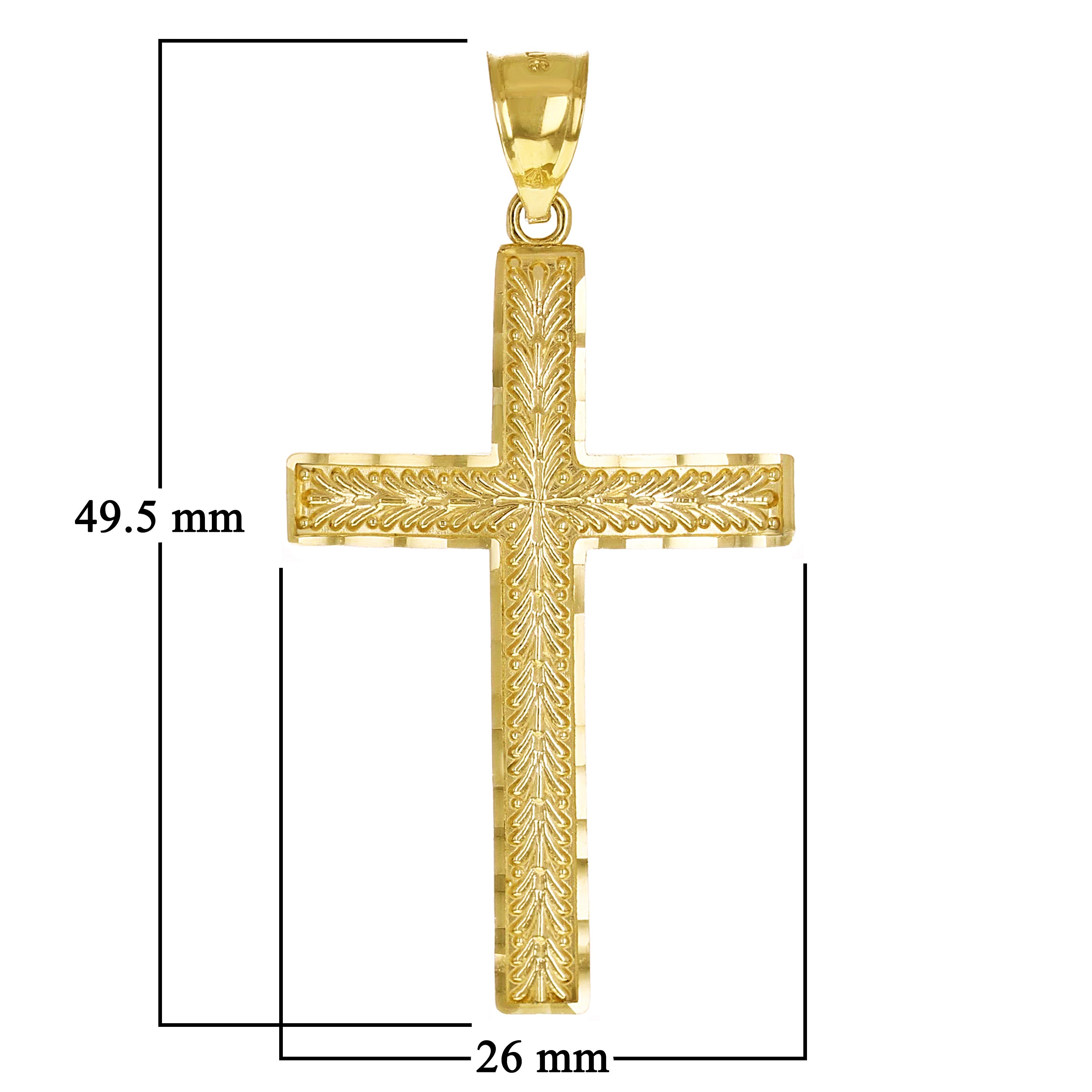 14k Yellow Gold Diamond Cut Leaf Pattern Cross Pendant 1.9" 4.2 grams