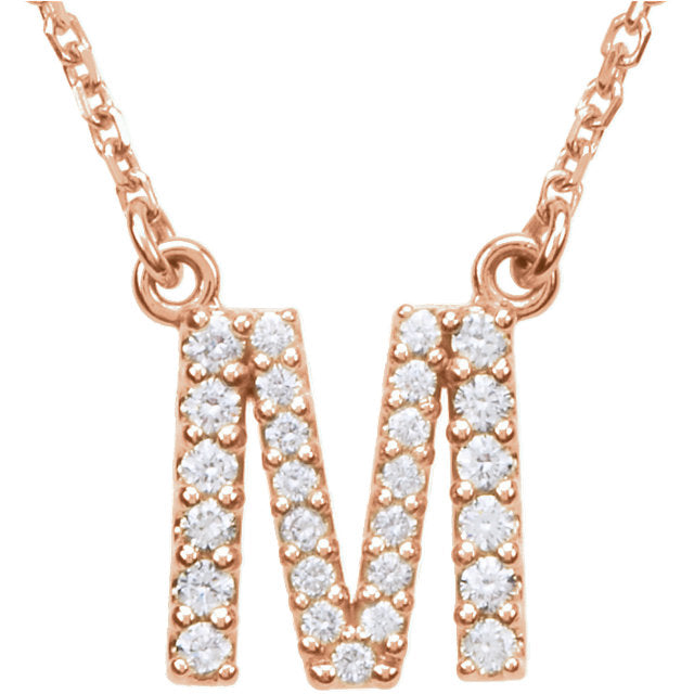 14k Rose Gold Diamond Initial Letter M Alphabet Rolo Pendant Necklace 18" - Letter M,Rose