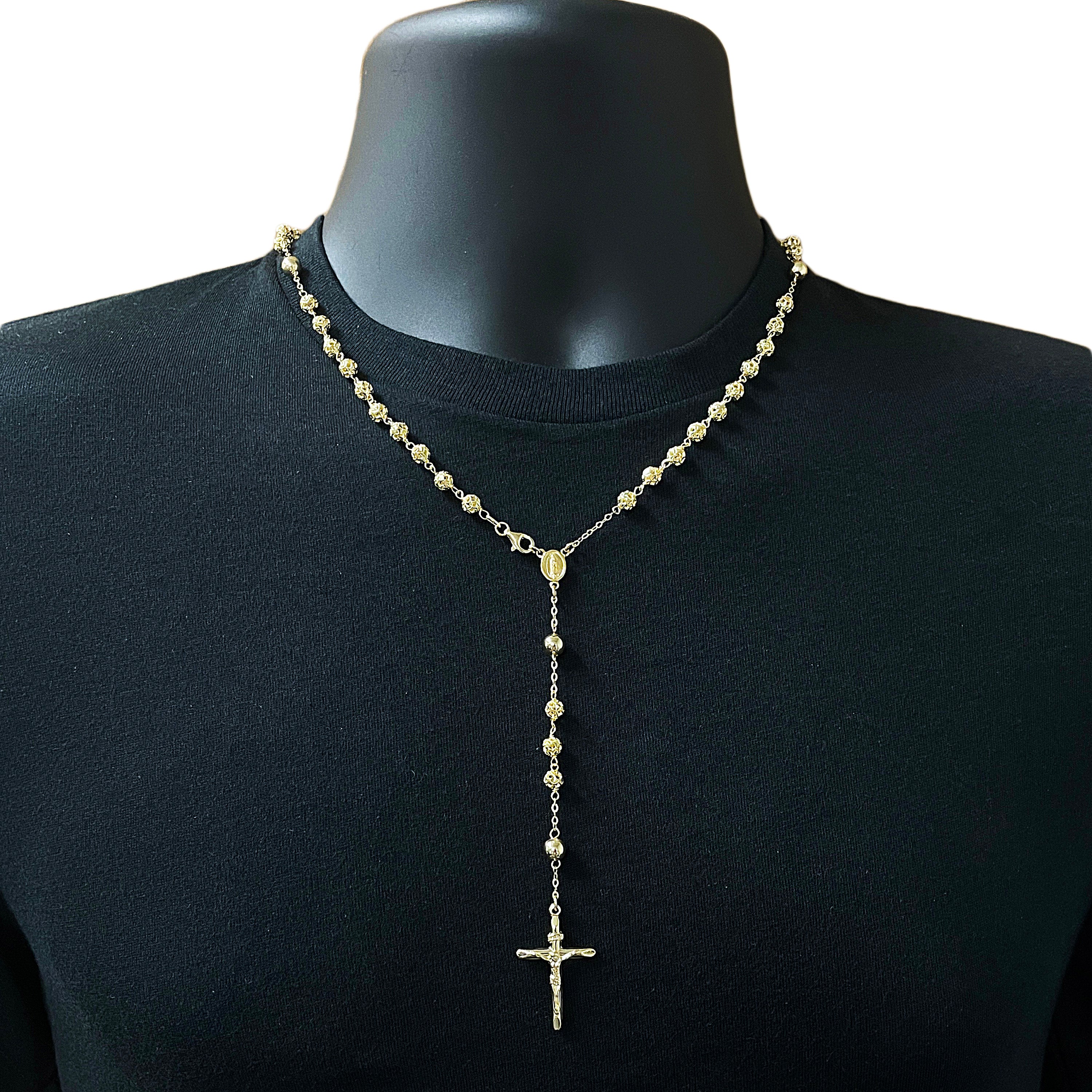 Italian 14k Yellow Gold Diamond-Cut Beaded Rosary Necklace 24" 5.2mm 23.5 grams