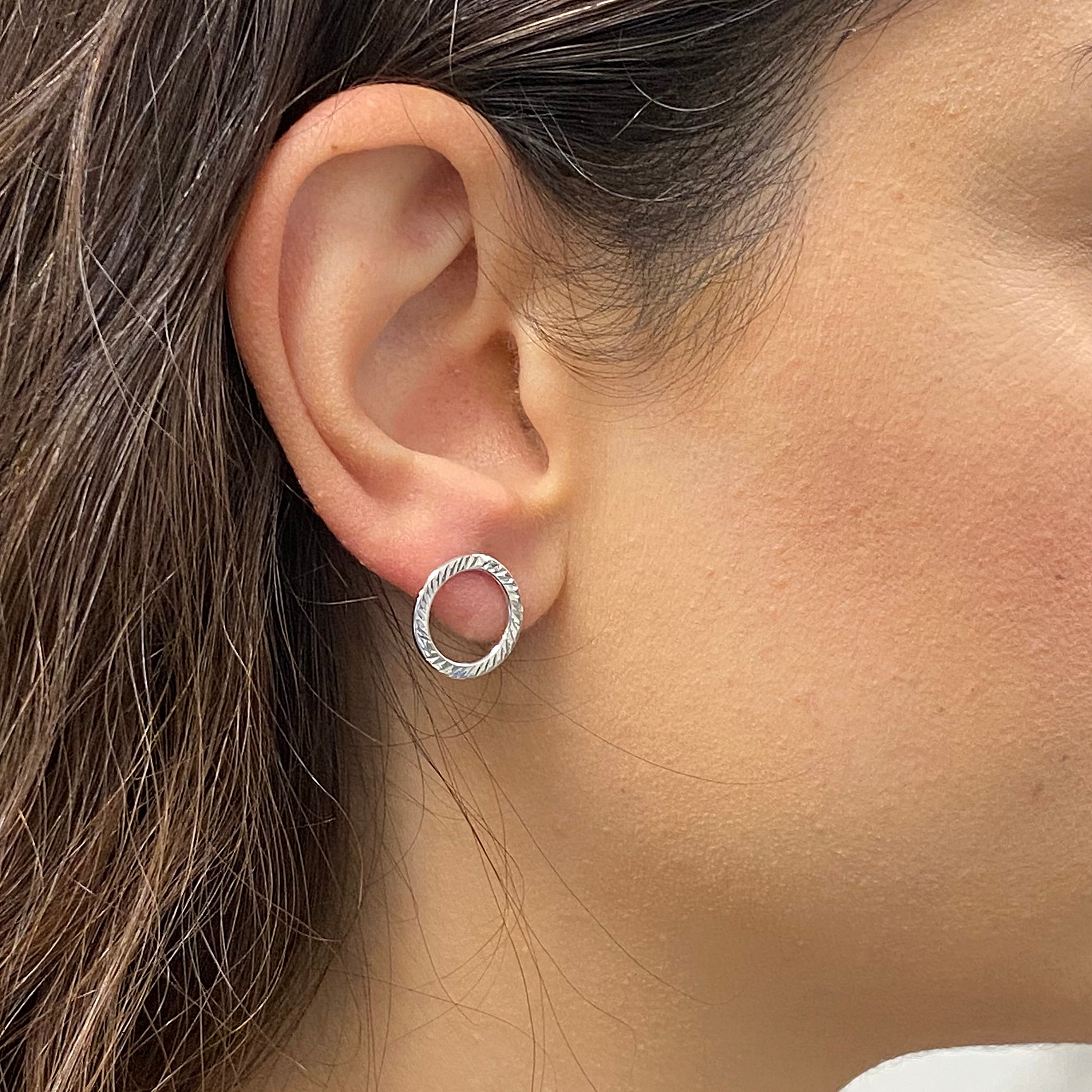 Italian 14k White Gold Diamond-Cut Open Eternity Circle Hoop Drop Stud Earrings - White