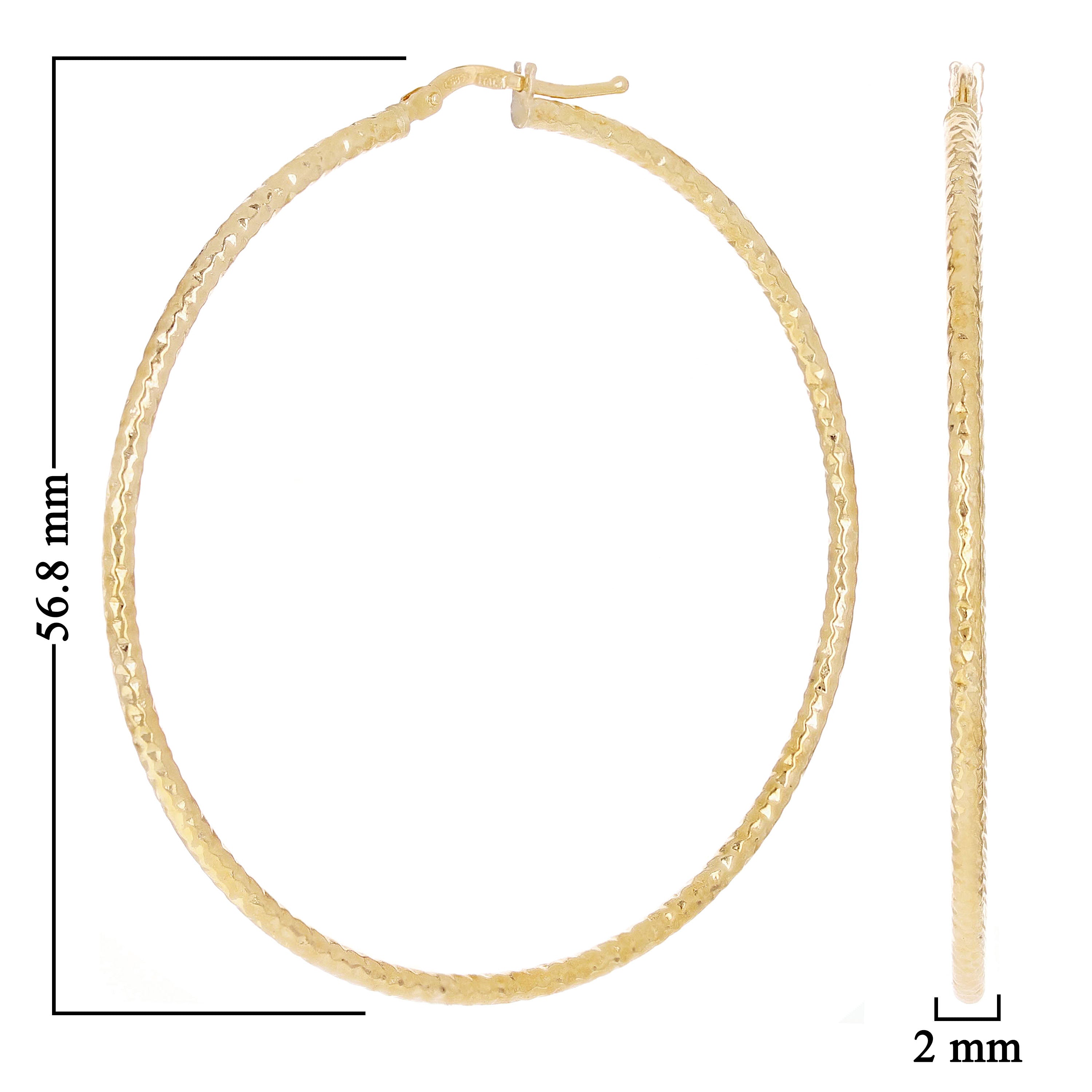 Italian 14k Yellow Gold Diamond Cut Hollow Round Hoop Earrings 2.2" 2mm 3.3grams