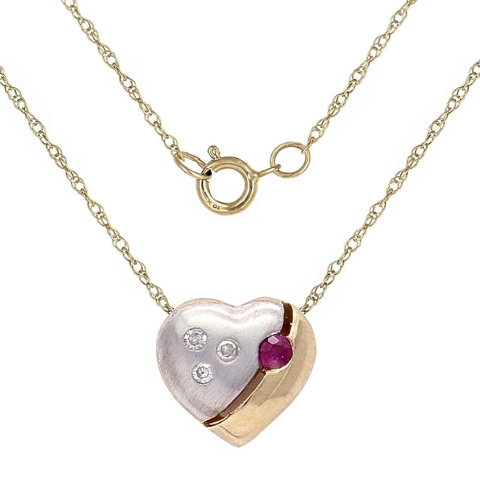 10k Two Tone Gold 18" Necklace with Heart Ruby & Diamonds Charm Round Pendant