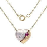 10k Two Tone Gold 18" Necklace with Heart Ruby & Diamonds Charm Round Pendant