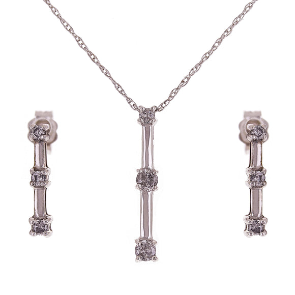 10k White Gold 3-Stone 0.25ctw Diamond Pendant Necklace and Earring Set