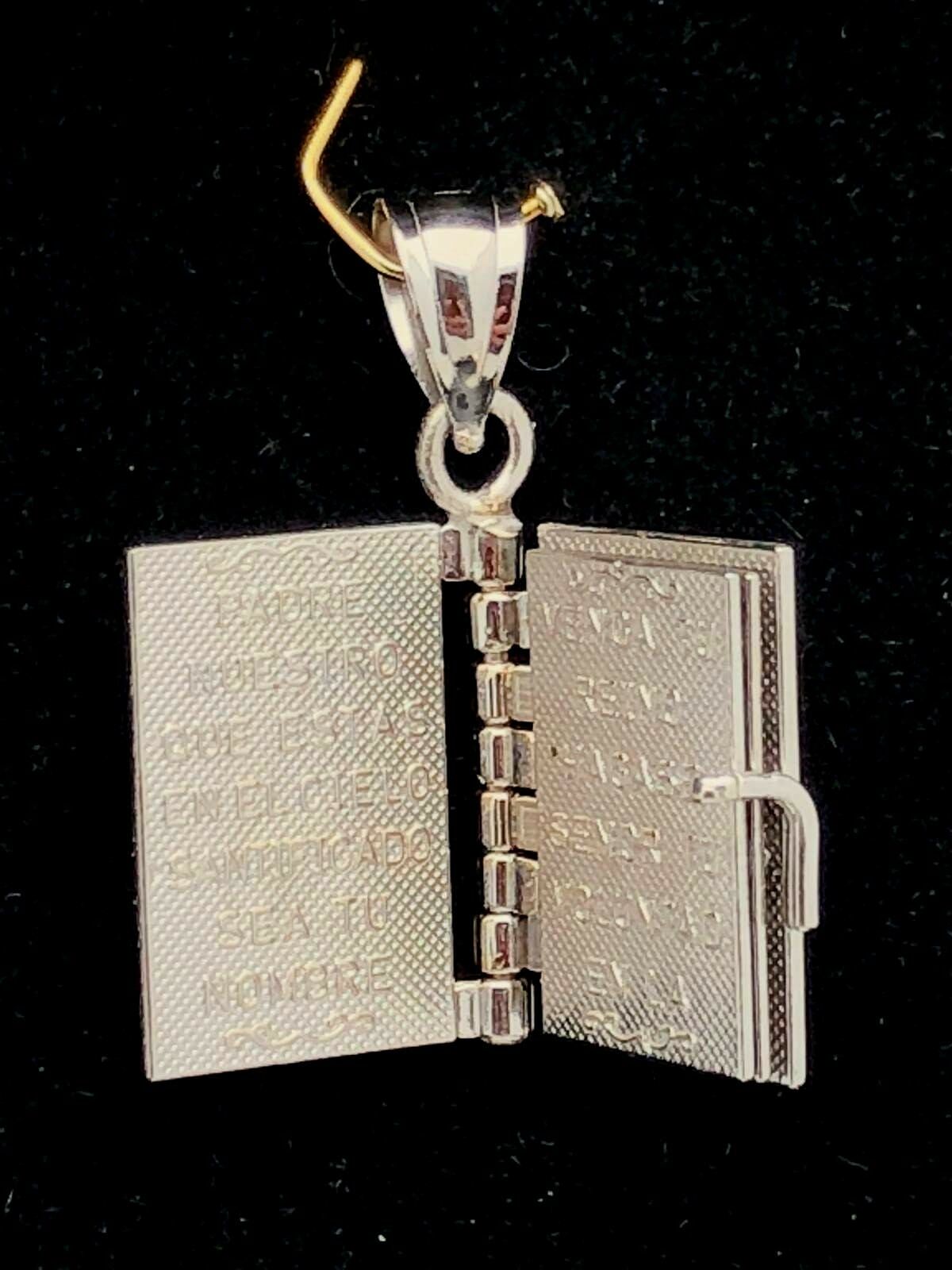14k White Gold Religious Holy Bible Charm Pendant with Written Pages Inside 3.4g