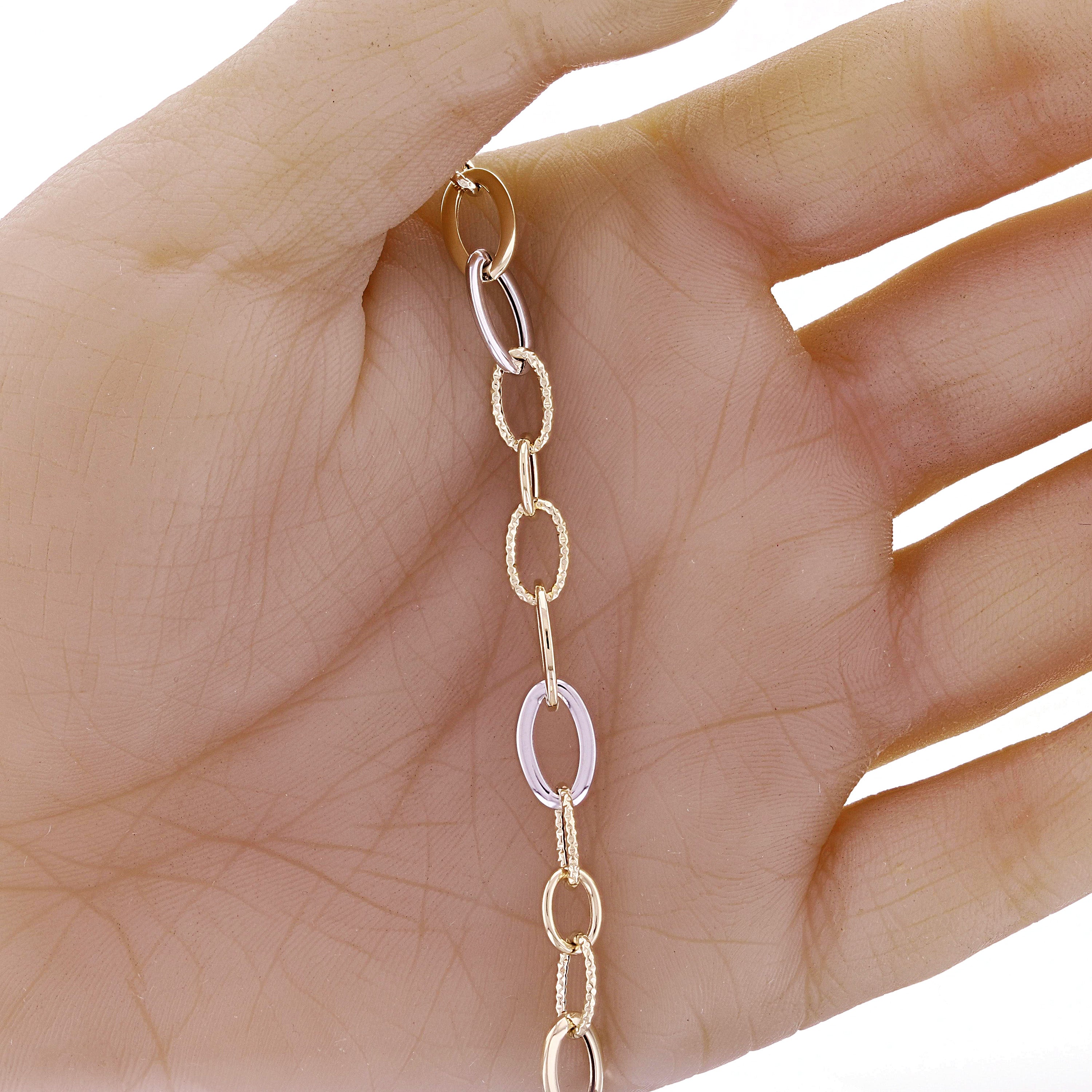 Italian 14k Yellow & White Gold Hollow Plain & Rope Oval Link Bracelet 7.25" 7mm 2.2g