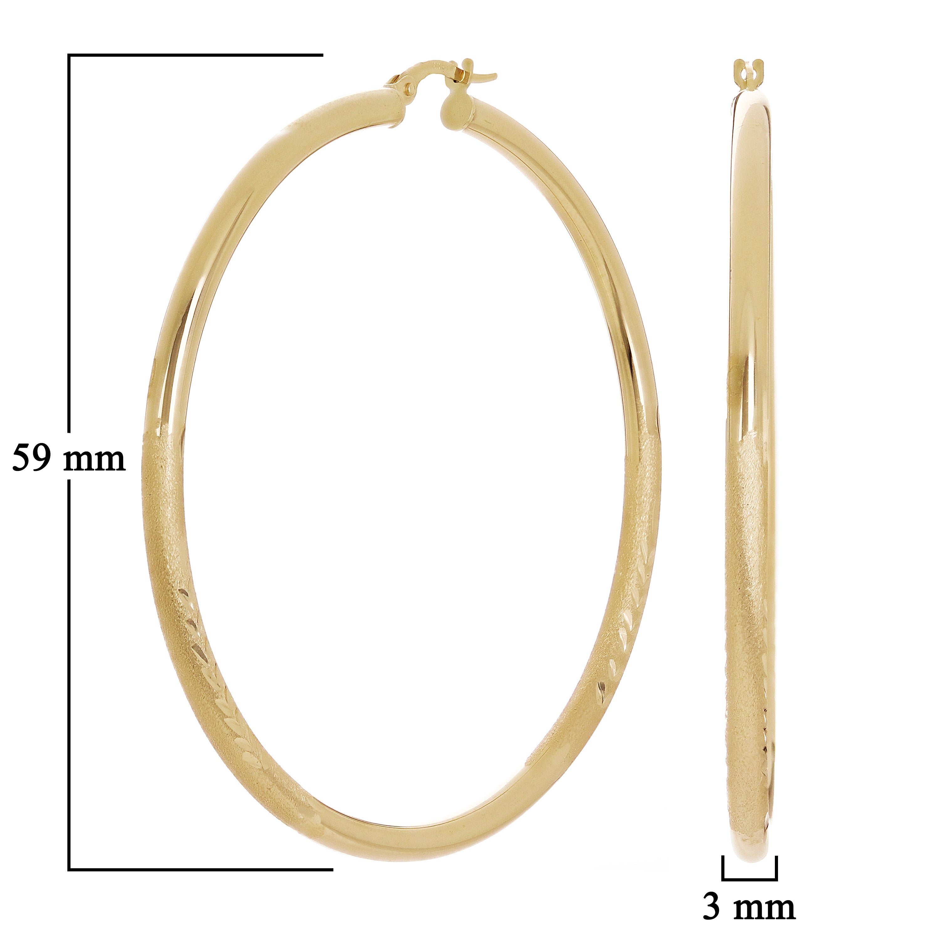 Italain 14k Yellow Gold Polished & Sand Finish Round Hoop Earrings 2.3" 3mm 4.6g