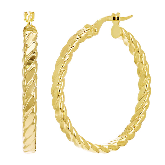 Italian 14k Yellow Gold Hollow Flat Rope Hoop Earrings 1.2