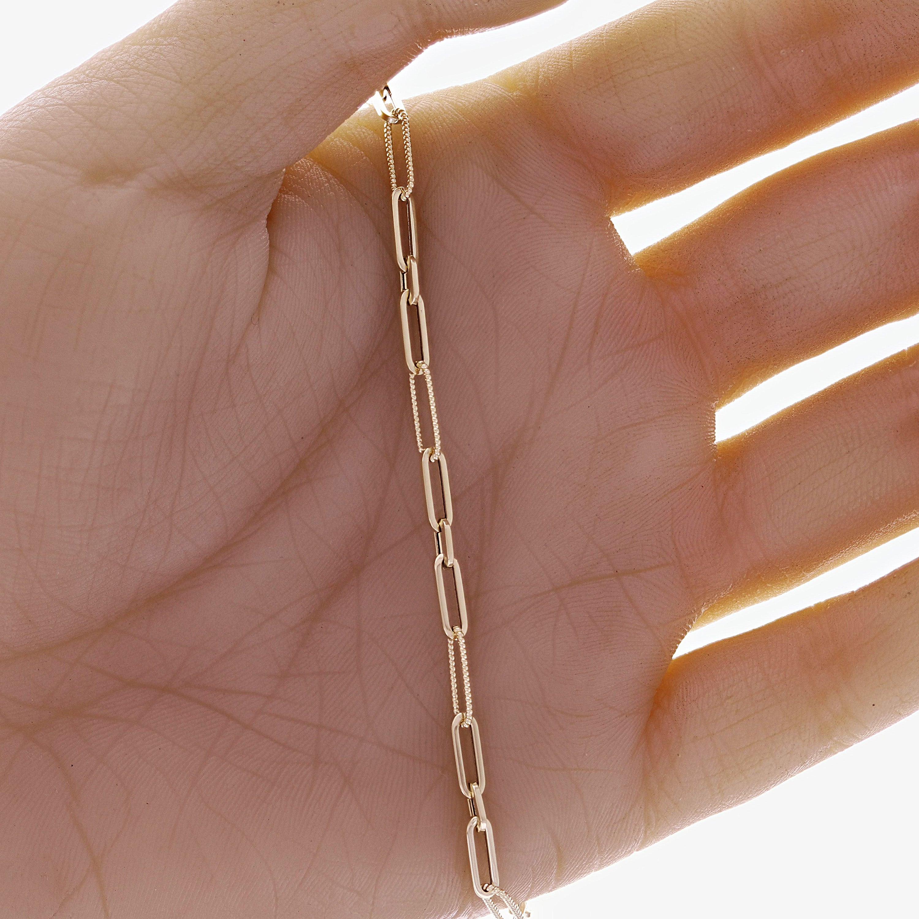 Italian 14k Yellow Gold Plain & Rope Paper Clip Link Bracelet 7.5" 3.6mm 2.2gram