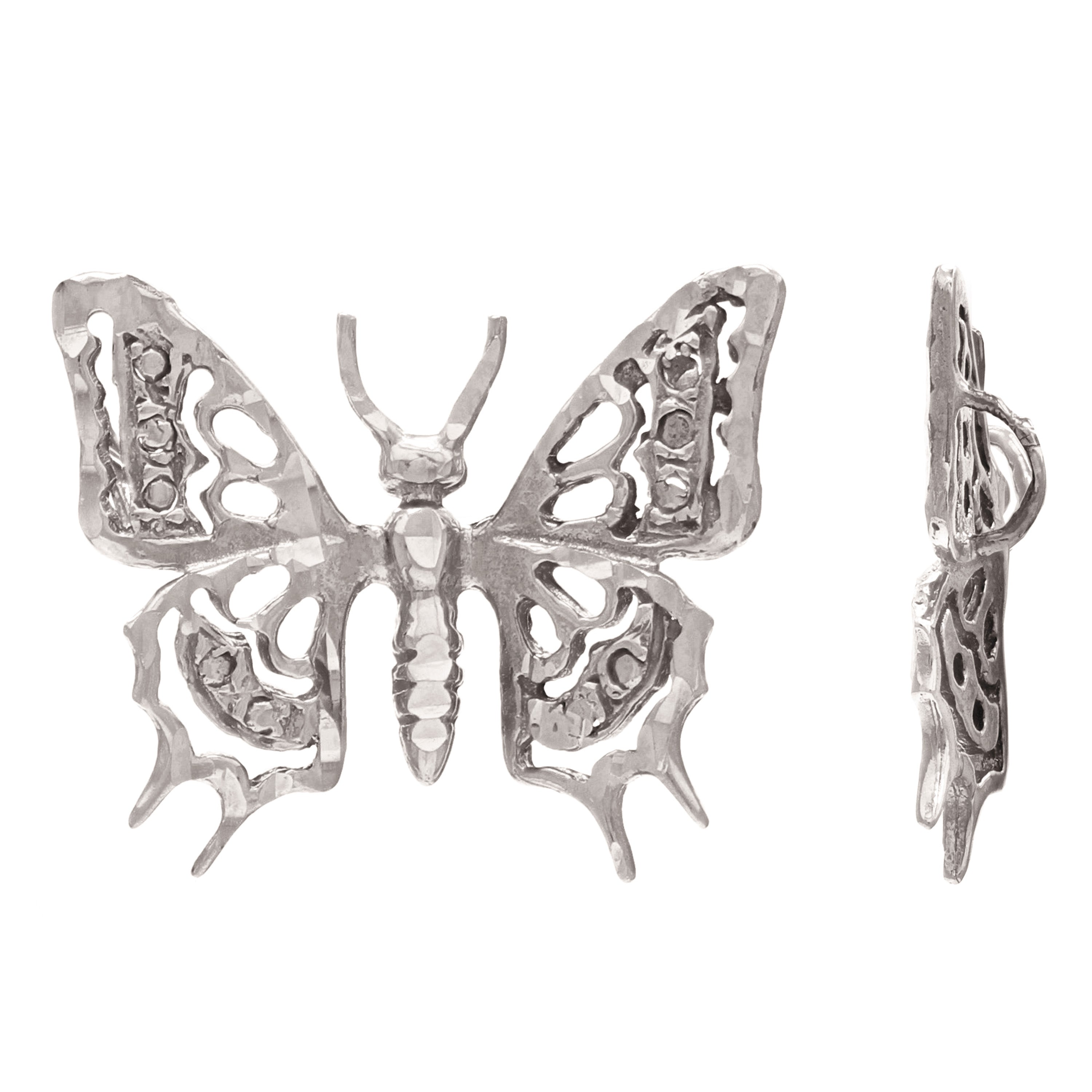 14k White Gold Diamond Cut Butterfly Charm Pendant 2 grams - White