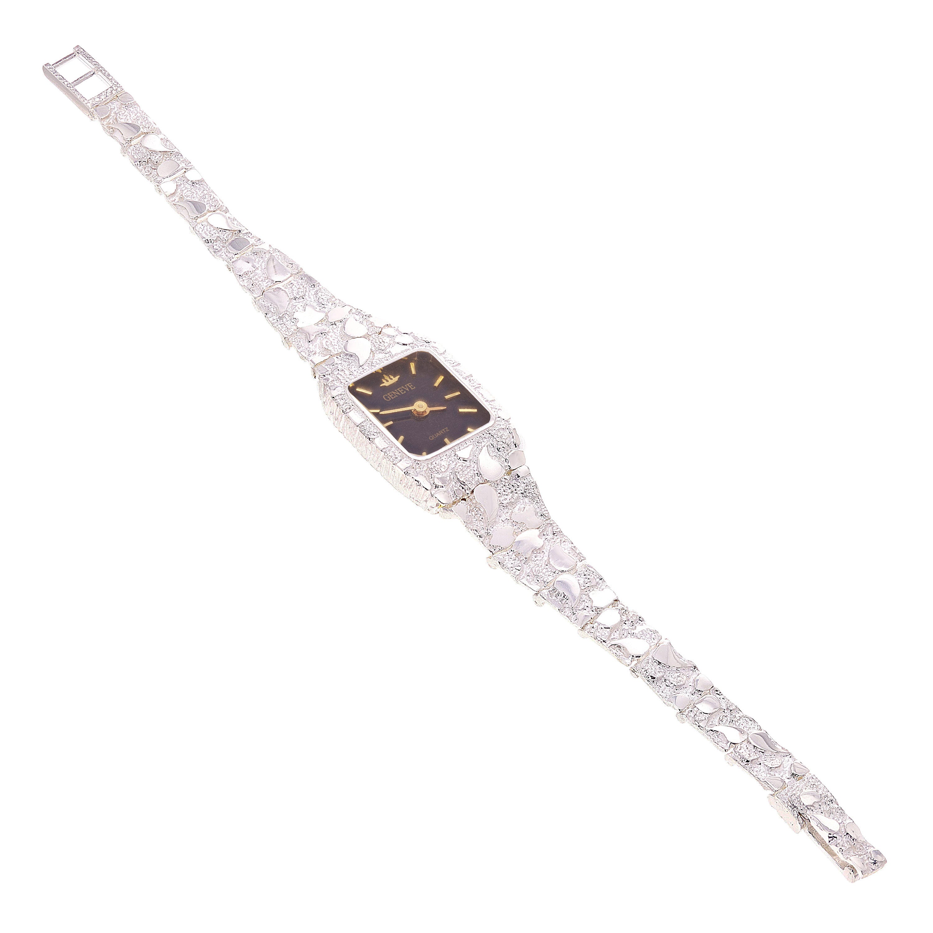Women's 925 Sterling Silver Nugget Link Geneve Wrist Watch 7.5-8" 28 grams