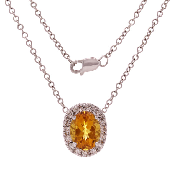 14k White Gold 0.30ctw Citrine & Diamond Oval Halo Floating Pendant Necklace