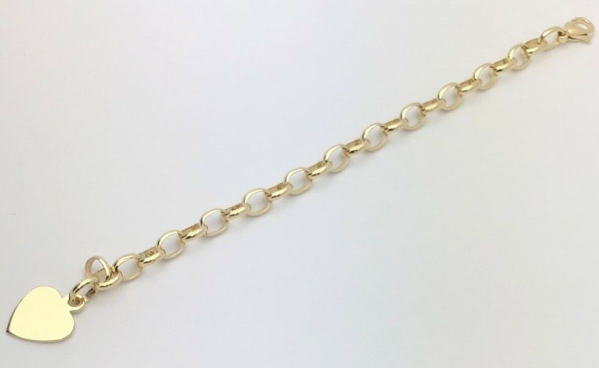 14k Yellow Gold Oval Link Heart Charm Bracelet 8" 18 grams