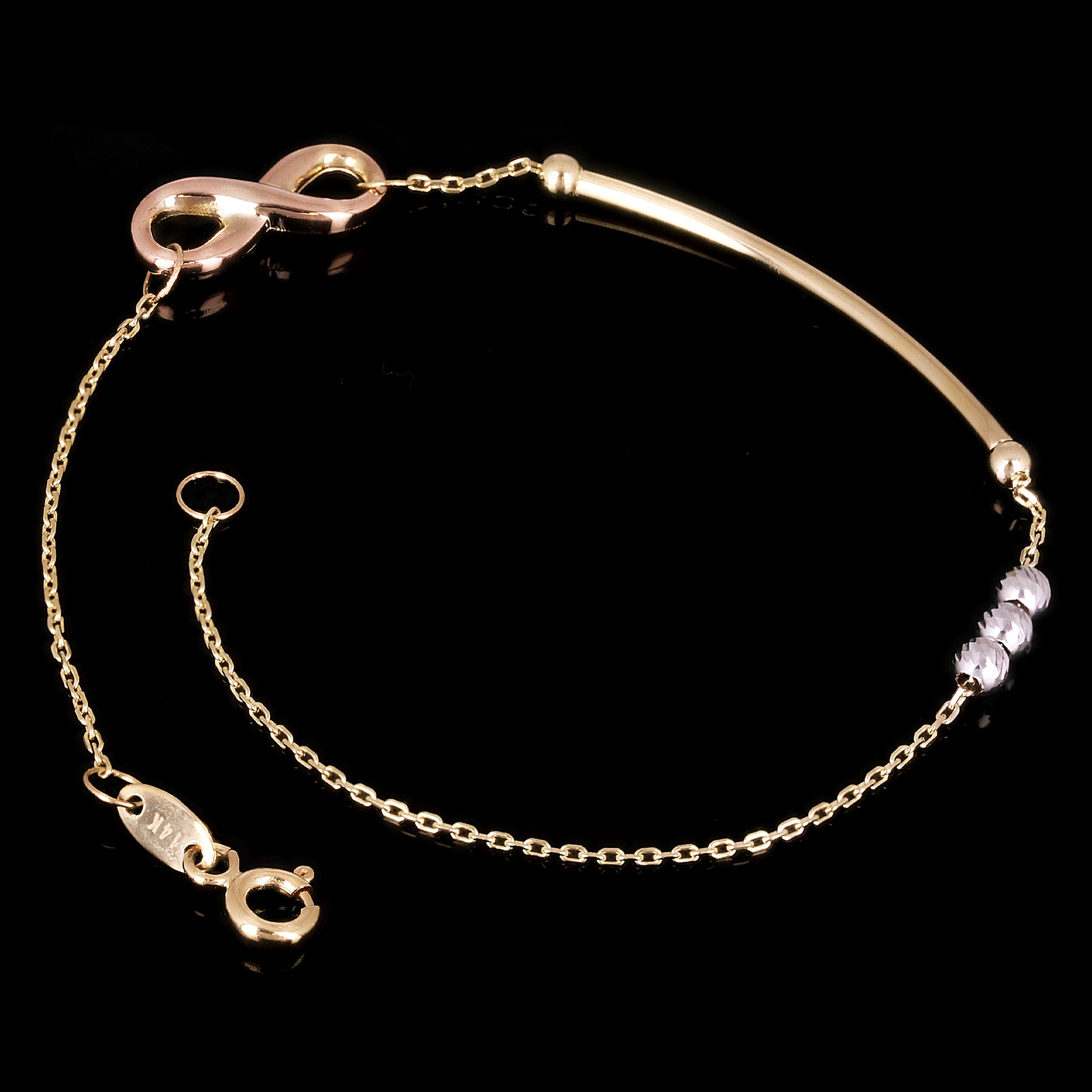 Italian 14k Tri Color Gold Infinity Charm Bar Link Bracelet 7.25" 1.7 grams