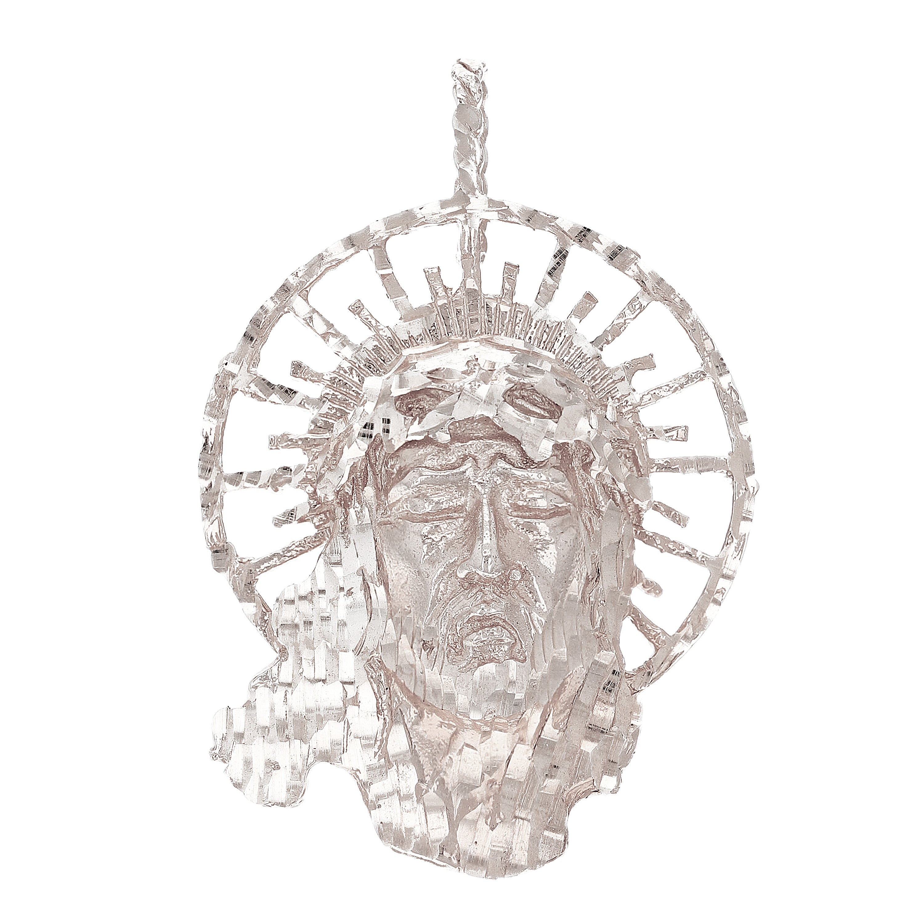 10k White Gold Diamond Cut Jesus Christ Face Religious Charm Pendant 2.1" 14.7g - White