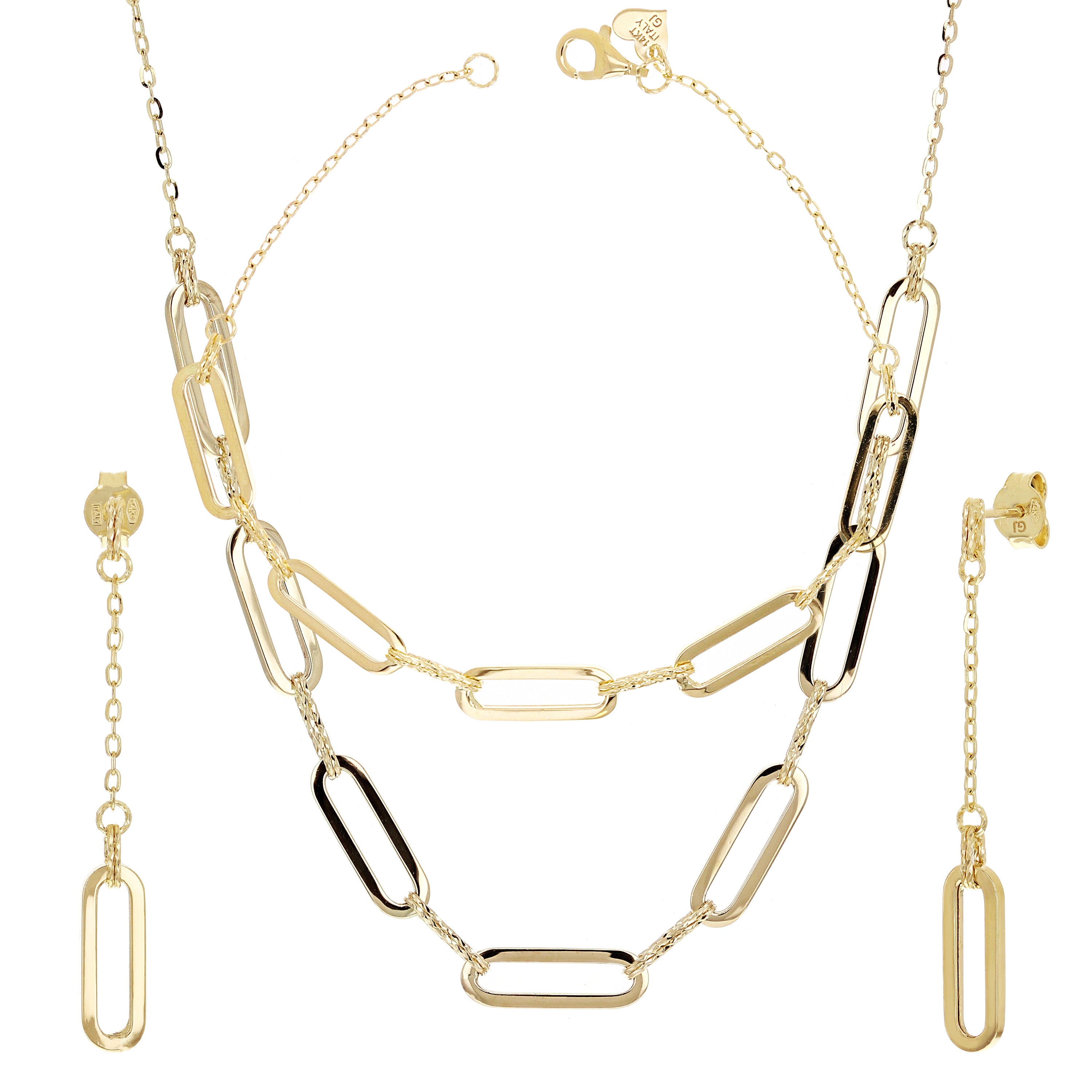 Italian 14k Yellow Gold Paper Clip Link Necklace, Bracelet & Earrings Set 9 grams