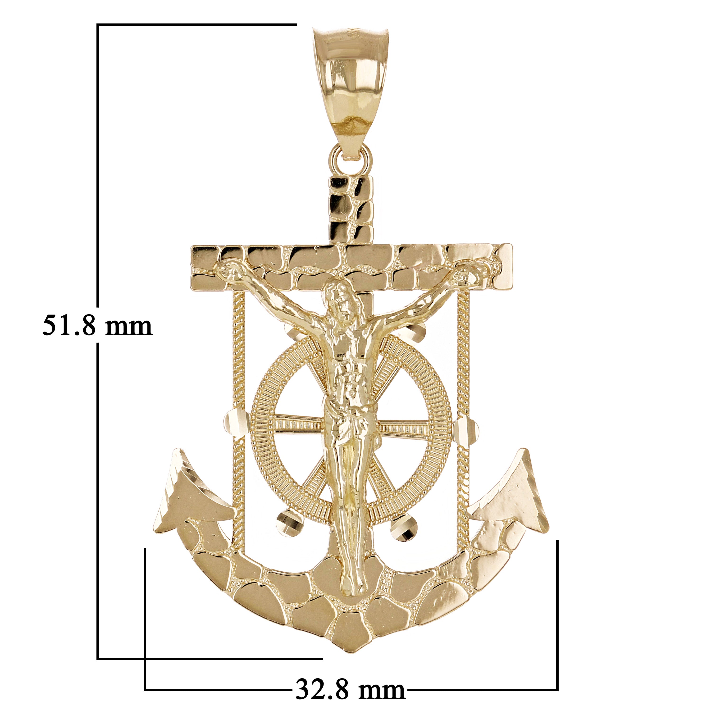 14k Yellow Gold Jesus Christ Crucifix Nugget Anchor Ship Mariners Pendant 2"