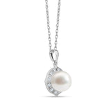 14k White Gold Freshwater Pearl Halo Pendant Necklace 18" with Diamonds