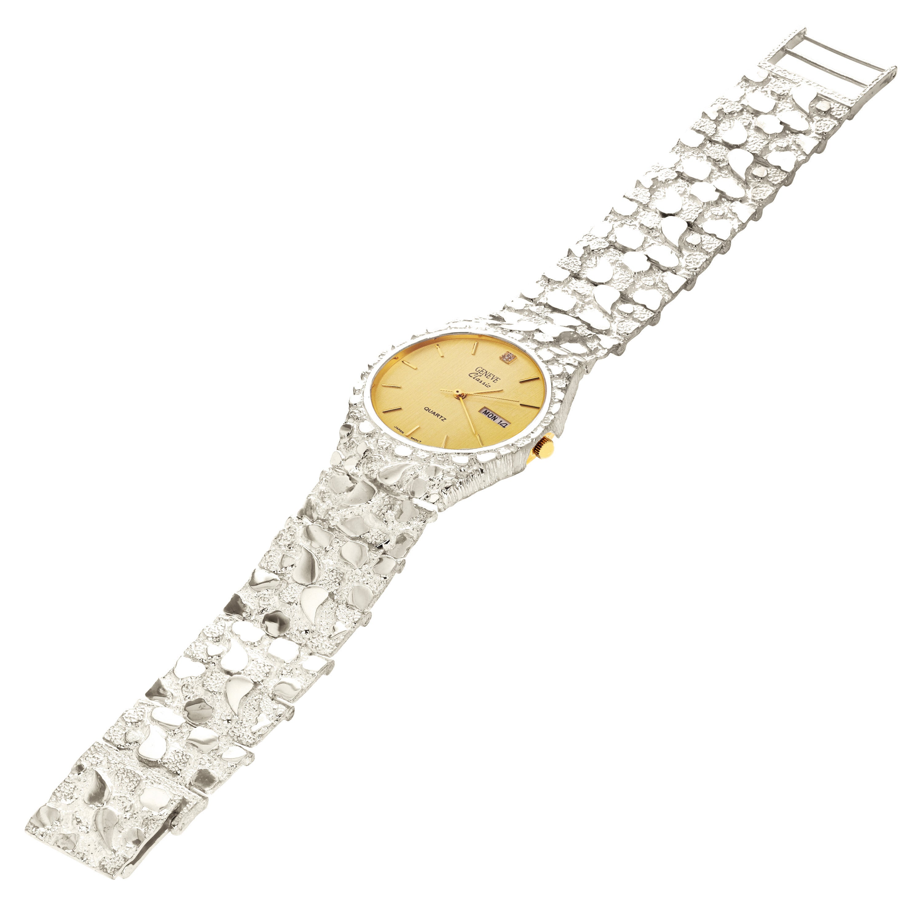 925 Sterling Silver Nugget Wrist Watch Geneve Diamond Watch 8-8.5" Straight Band