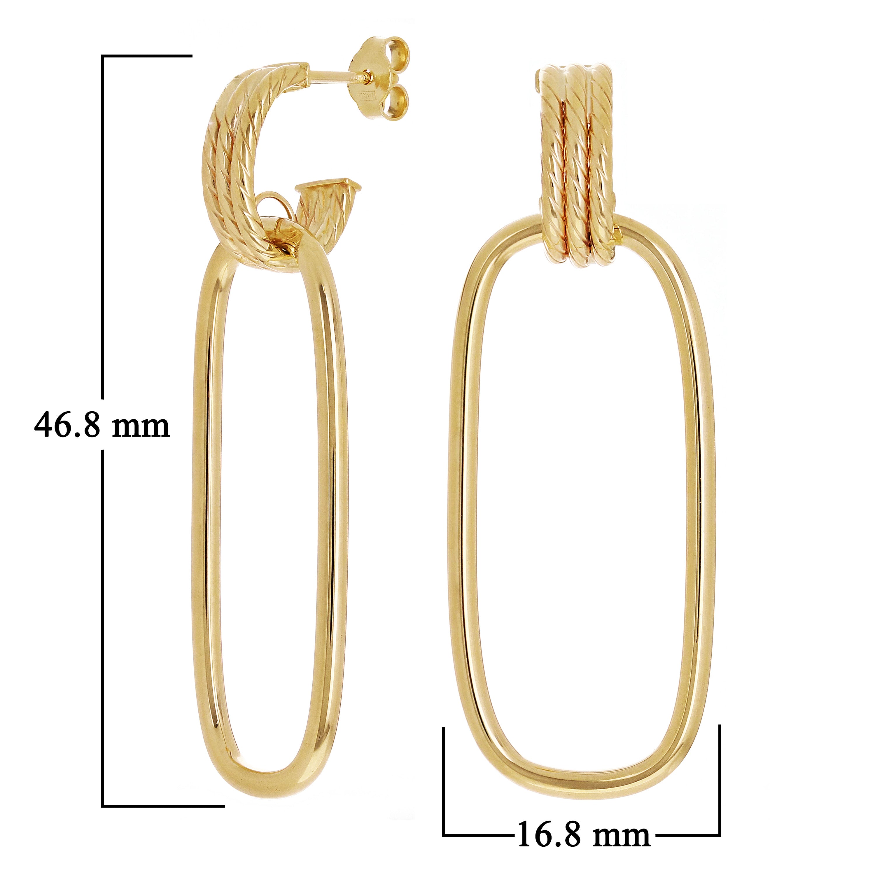 Italian 14k Yellow Gold Polished Rectangle & Rope Hoop Drop Earrings 1.8" 2.7g