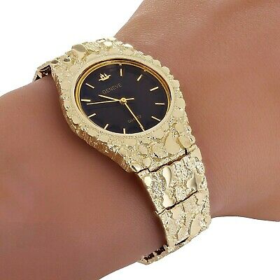 10k Yellow Gold Nugget Link Geneve Wrist Watch Adjustable 8-8.5" 54 grams