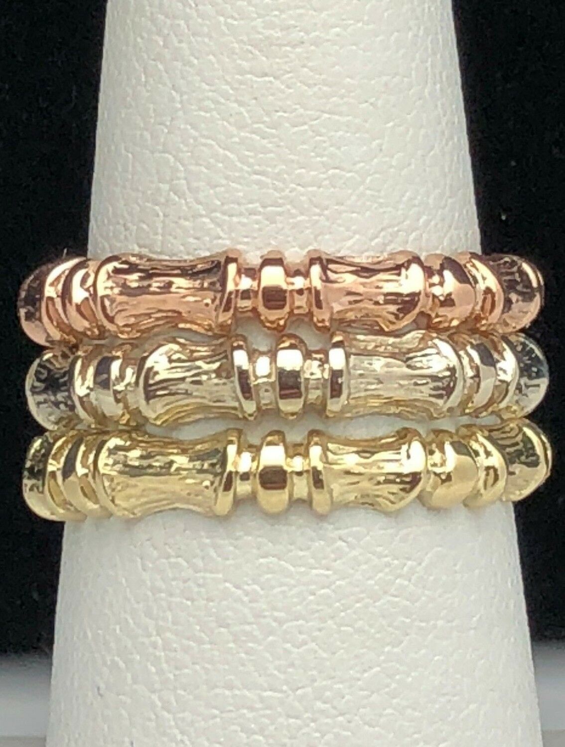 14k Tri Color Gold Stackable Bamboo Ring 3 piece Ring Set Size 7 3.5mm each 8.6g