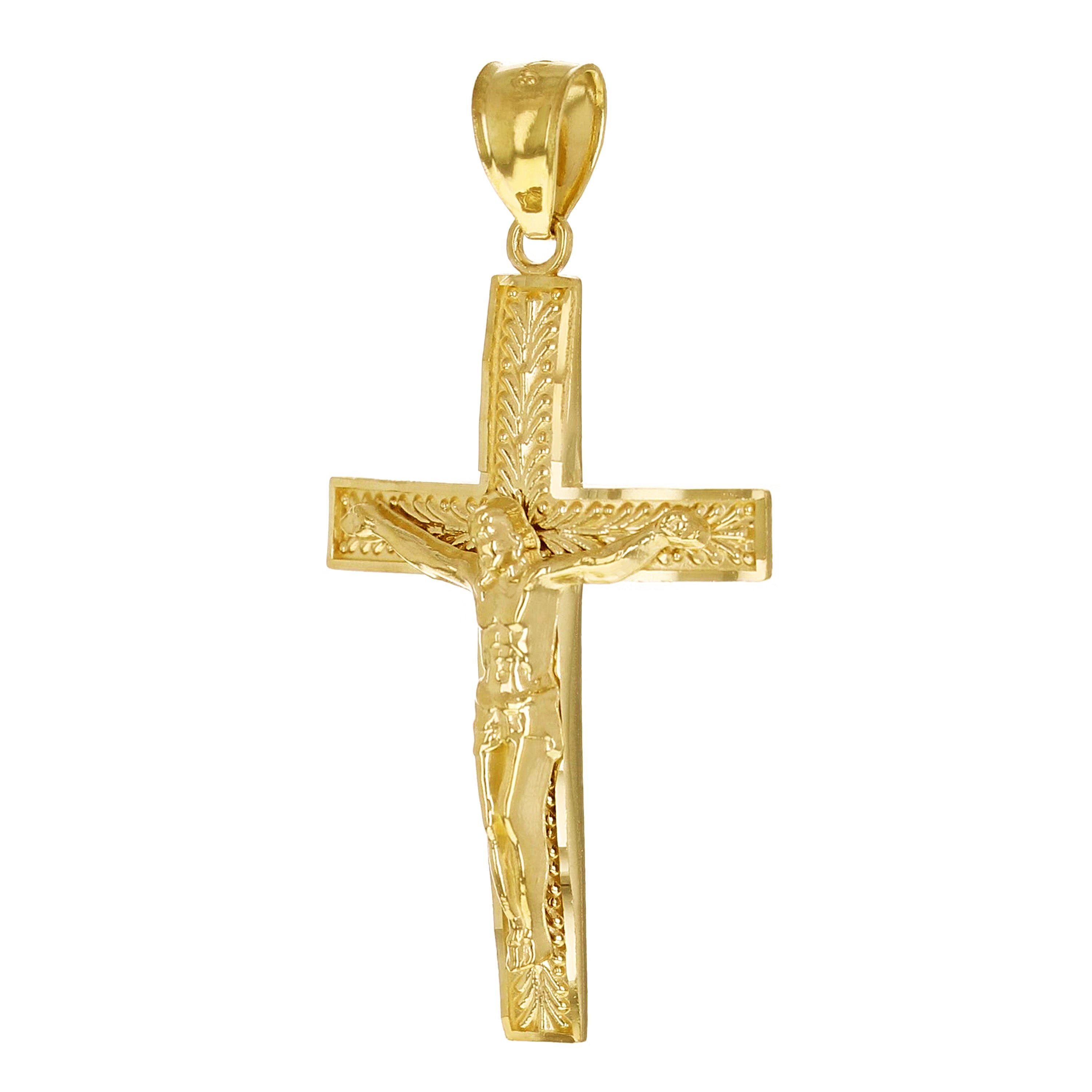 14k Yellow Gold Diamond Cut Leaf Pattern Jesus Cross Crucifix Pendant 1.7" 3.3g