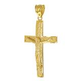 14k Yellow Gold Diamond Cut Leaf Pattern Jesus Cross Crucifix Pendant 1.7" 3.3g