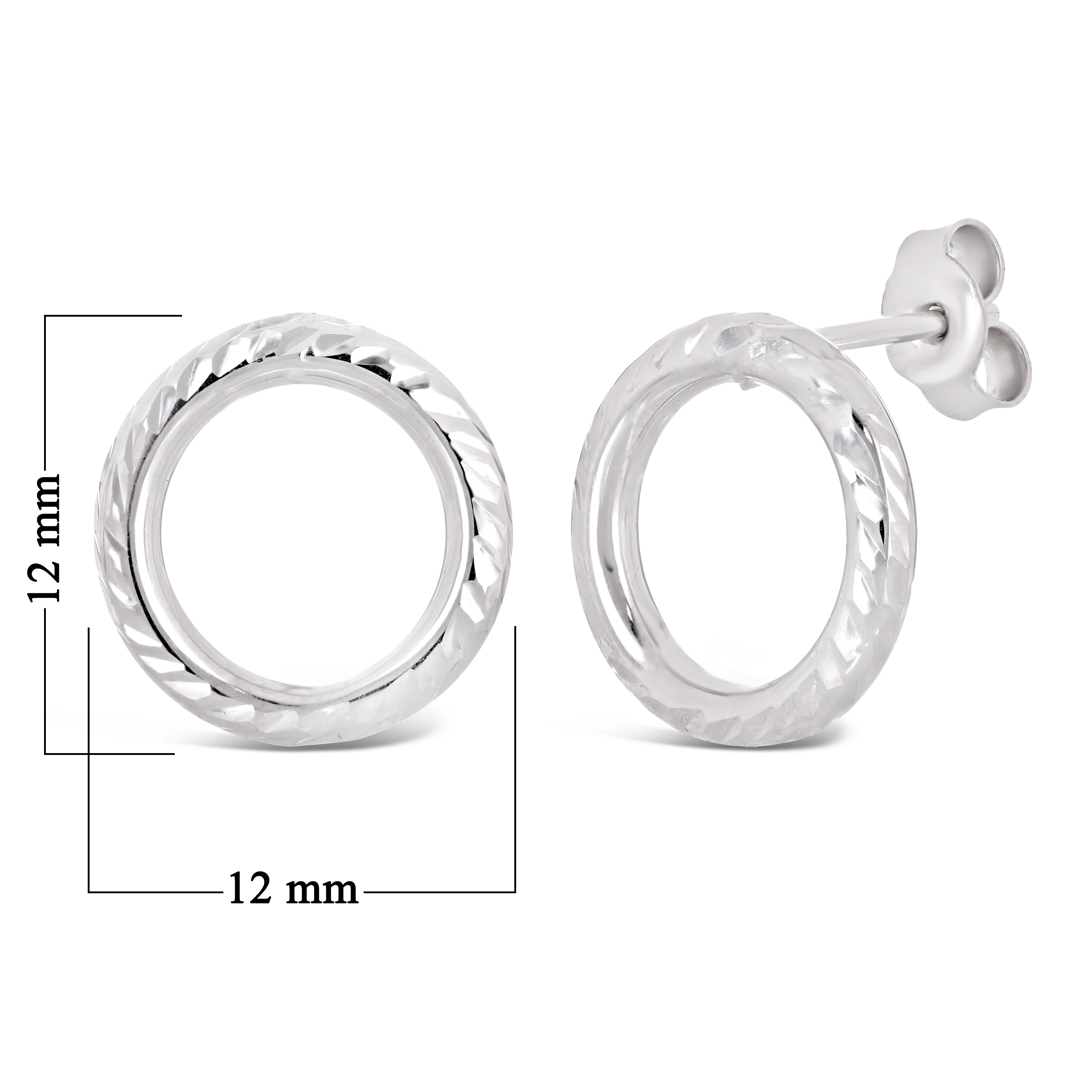 Italian 14k White Gold Modern Diamond-Cut Double Eternity Circle Stud Earrings - Dainty Modern