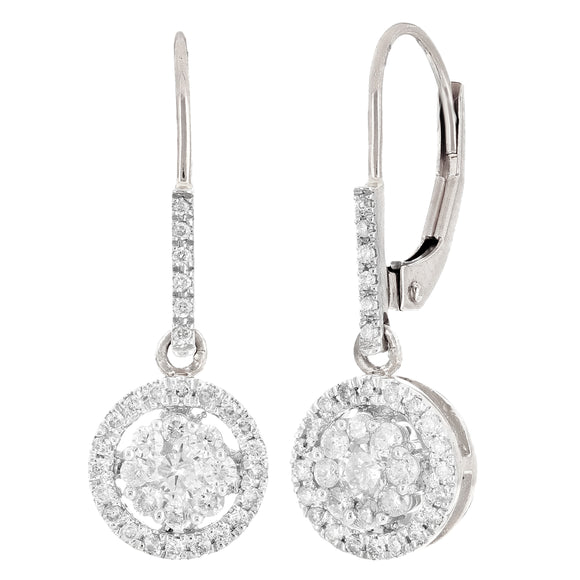 14k White Gold 0.50ctw Diamond Halo Cluster Dangle Lever Hoop Earrings