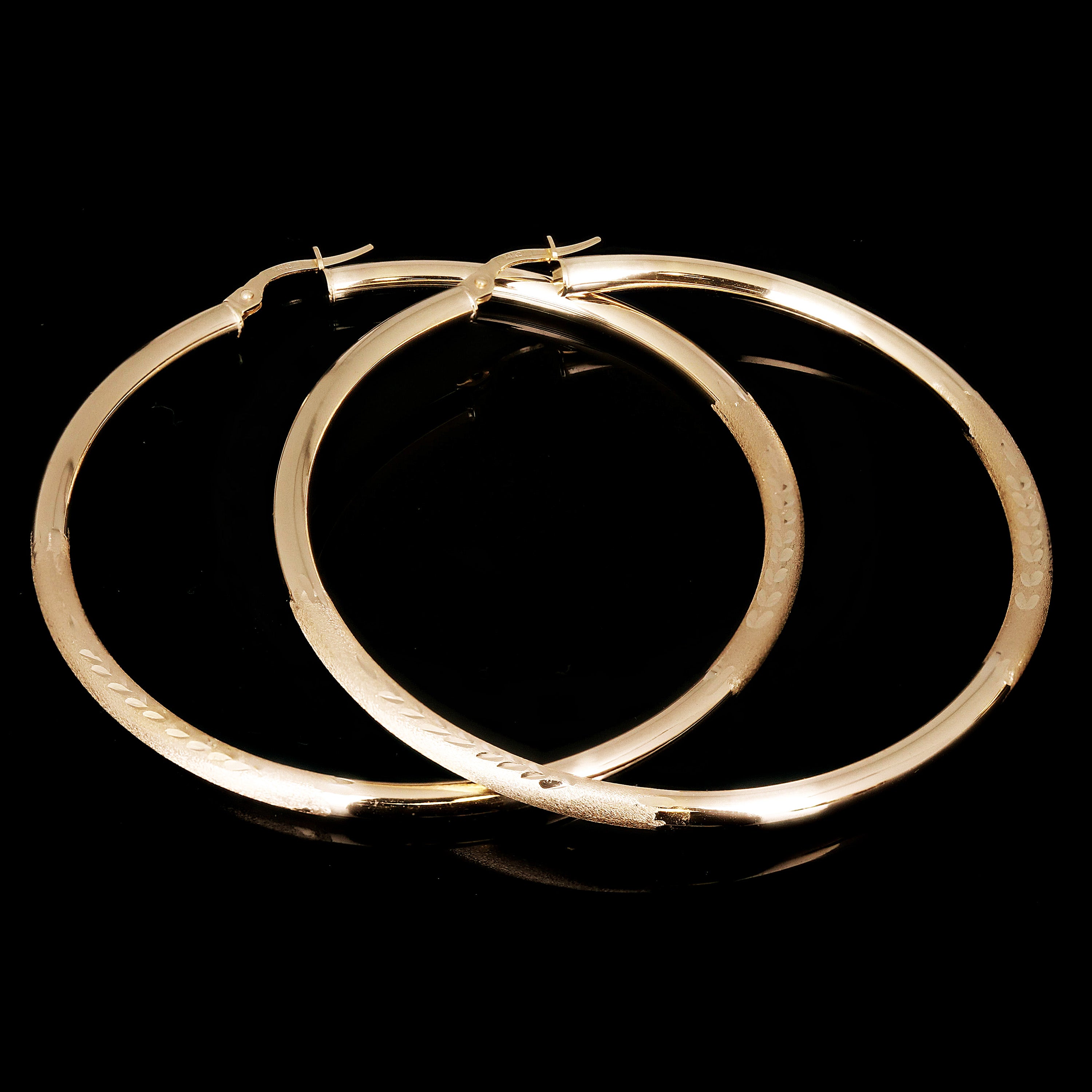 Italain 14k Yellow Gold Polished & Sand Finish Round Hoop Earrings 2.3" 3mm 4.6g