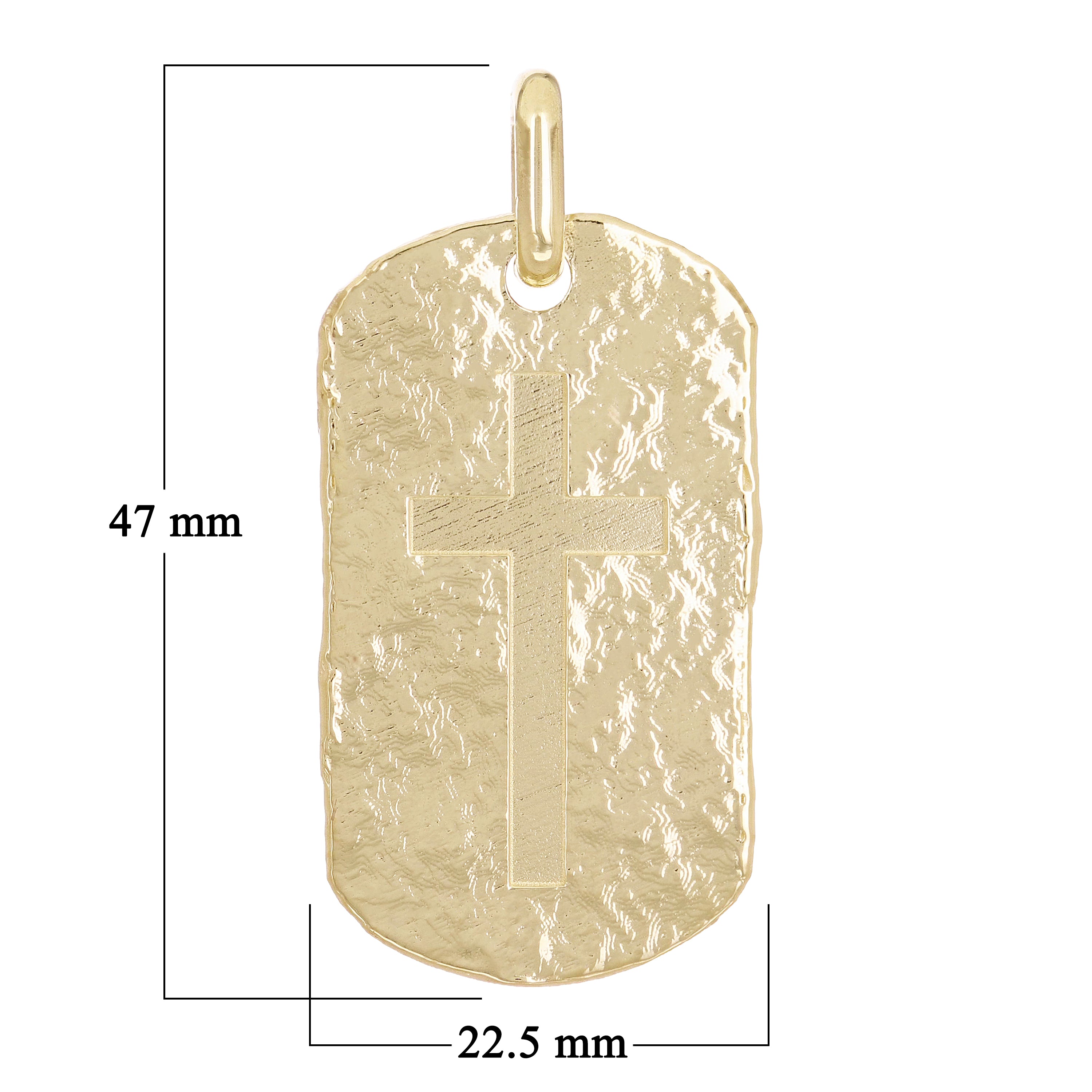 14k Yellow Gold Hammered Finish Dog Tag with Cross Charm Pendant 1.9" 14 grams