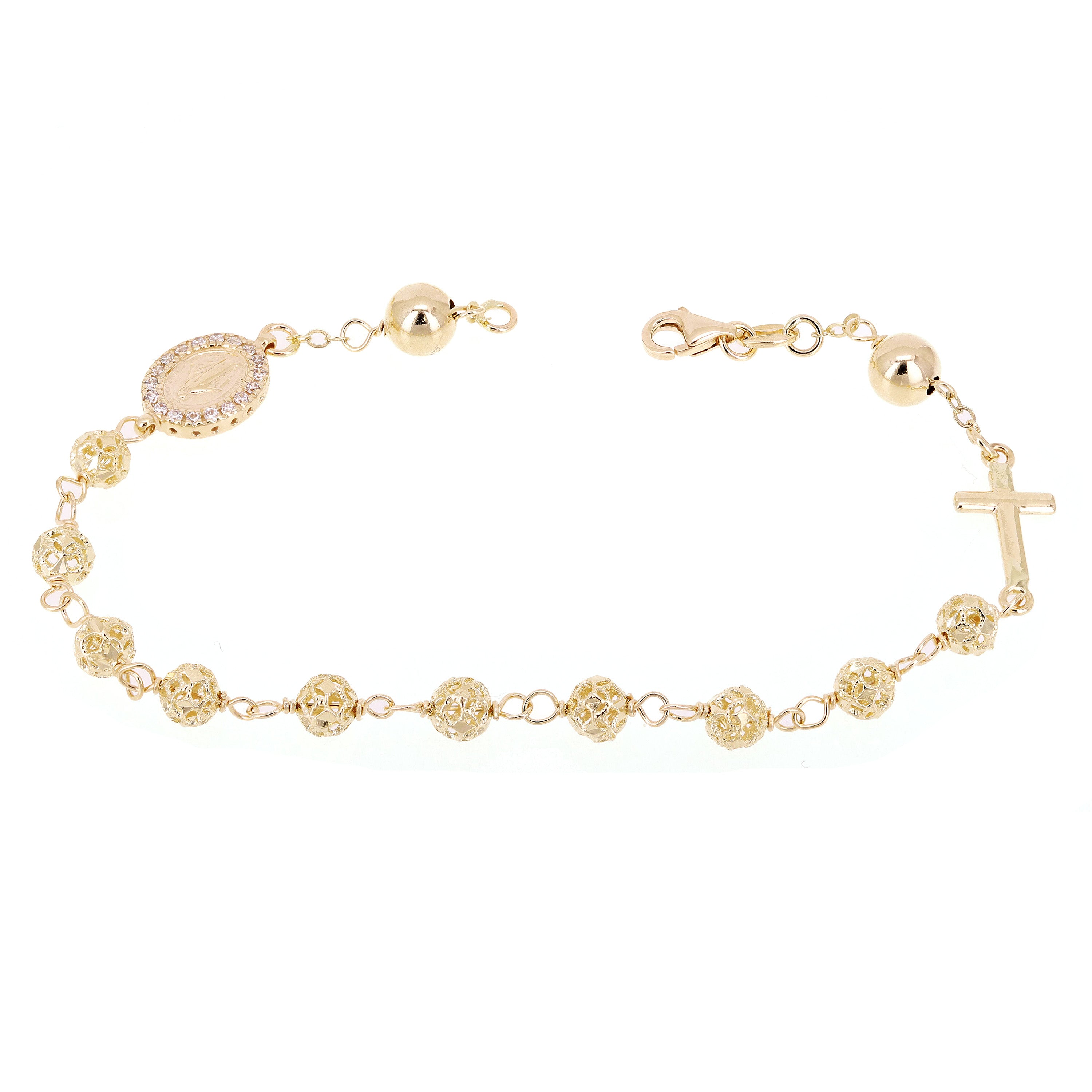 Italian 14k Yellow Gold Diamond-Cut Beaded Rosary Bracelet 5mm 7.5" 6.6 grams