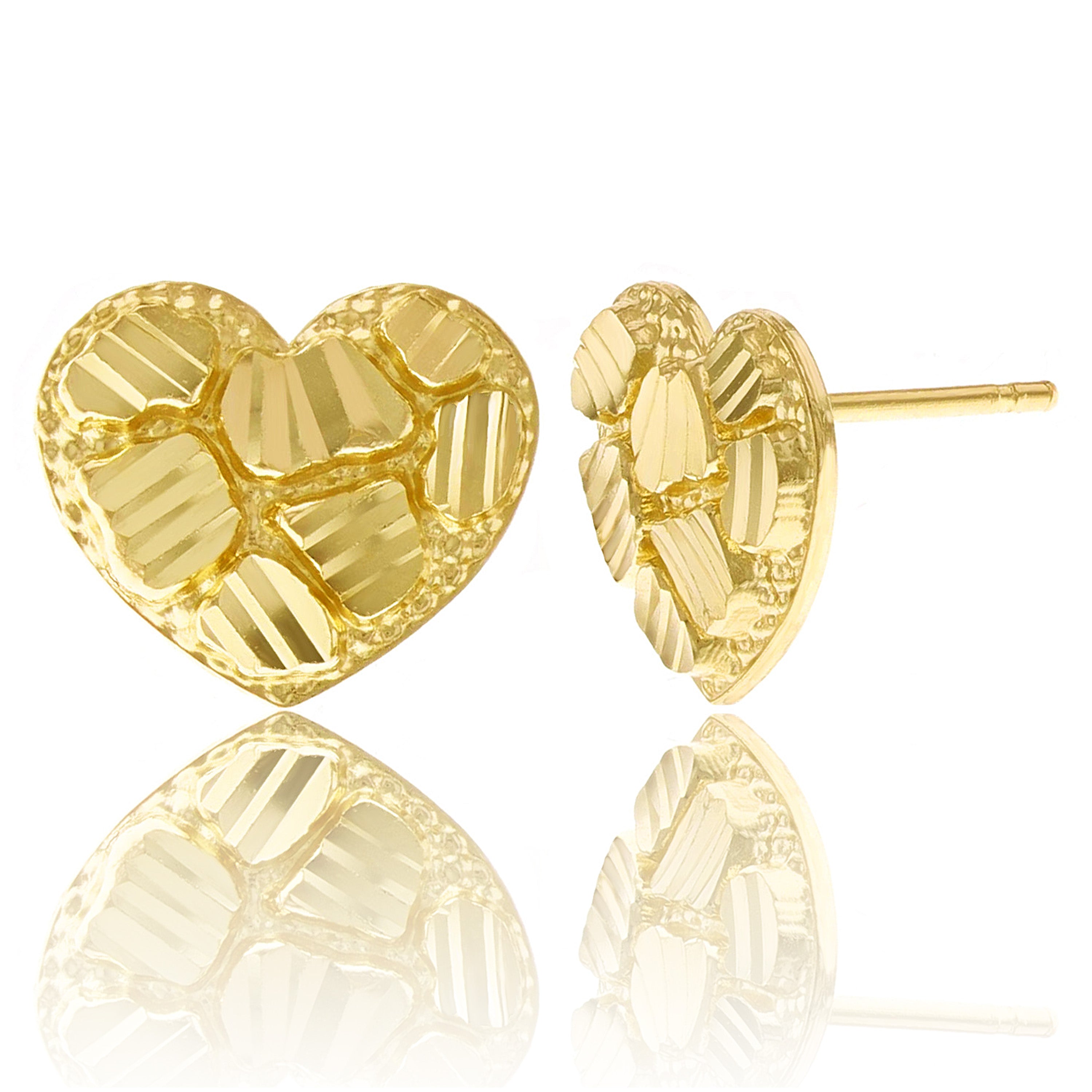14k Yellow Gold Diamond Cut Nugget Heart Stud Earrings 10mm x 11.7mm 1.7 grams