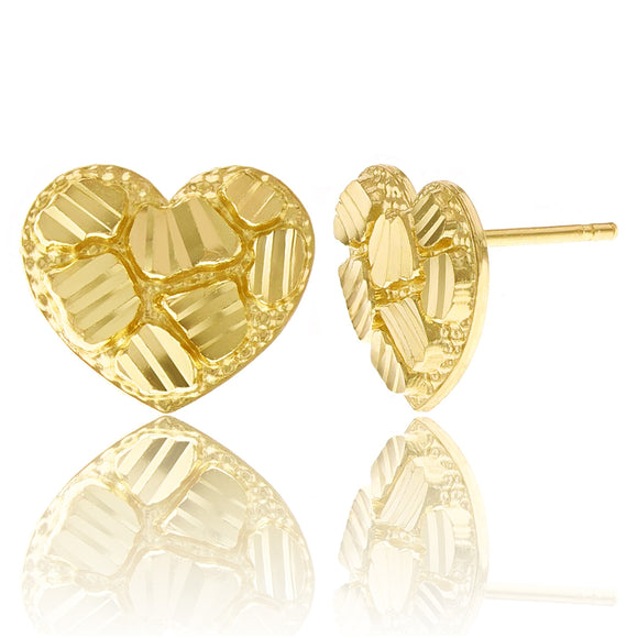 14k Yellow Gold Diamond Cut Nugget Heart Stud Earrings 10mm x 11.7mm 1.7 grams