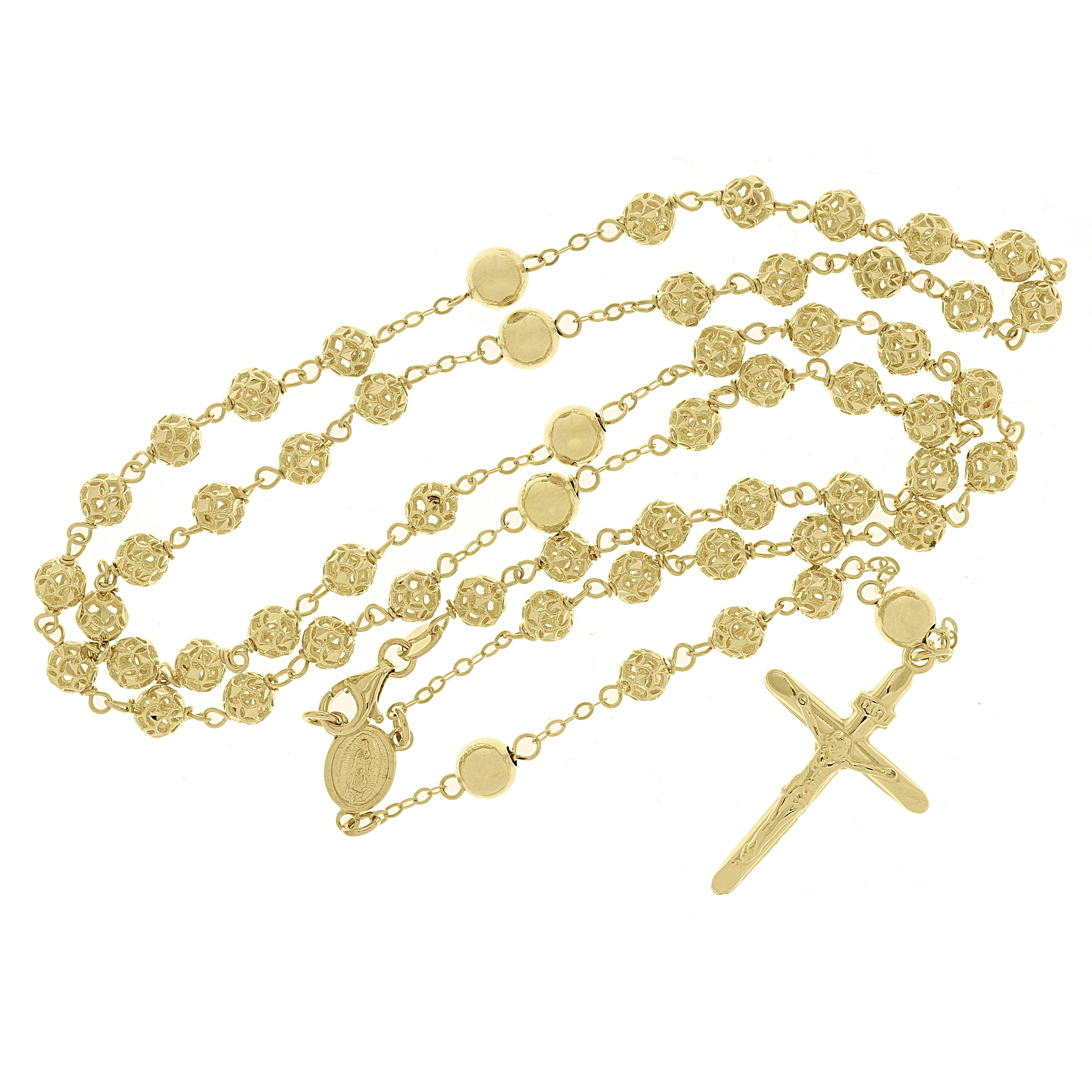 Italian 14k Yellow Gold Diamond-Cut Beaded Rosary Necklace 24" 5.2mm 23.5 grams