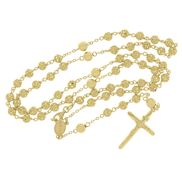 Italian 14k Yellow Gold Diamond-Cut Beaded Rosary Necklace 24