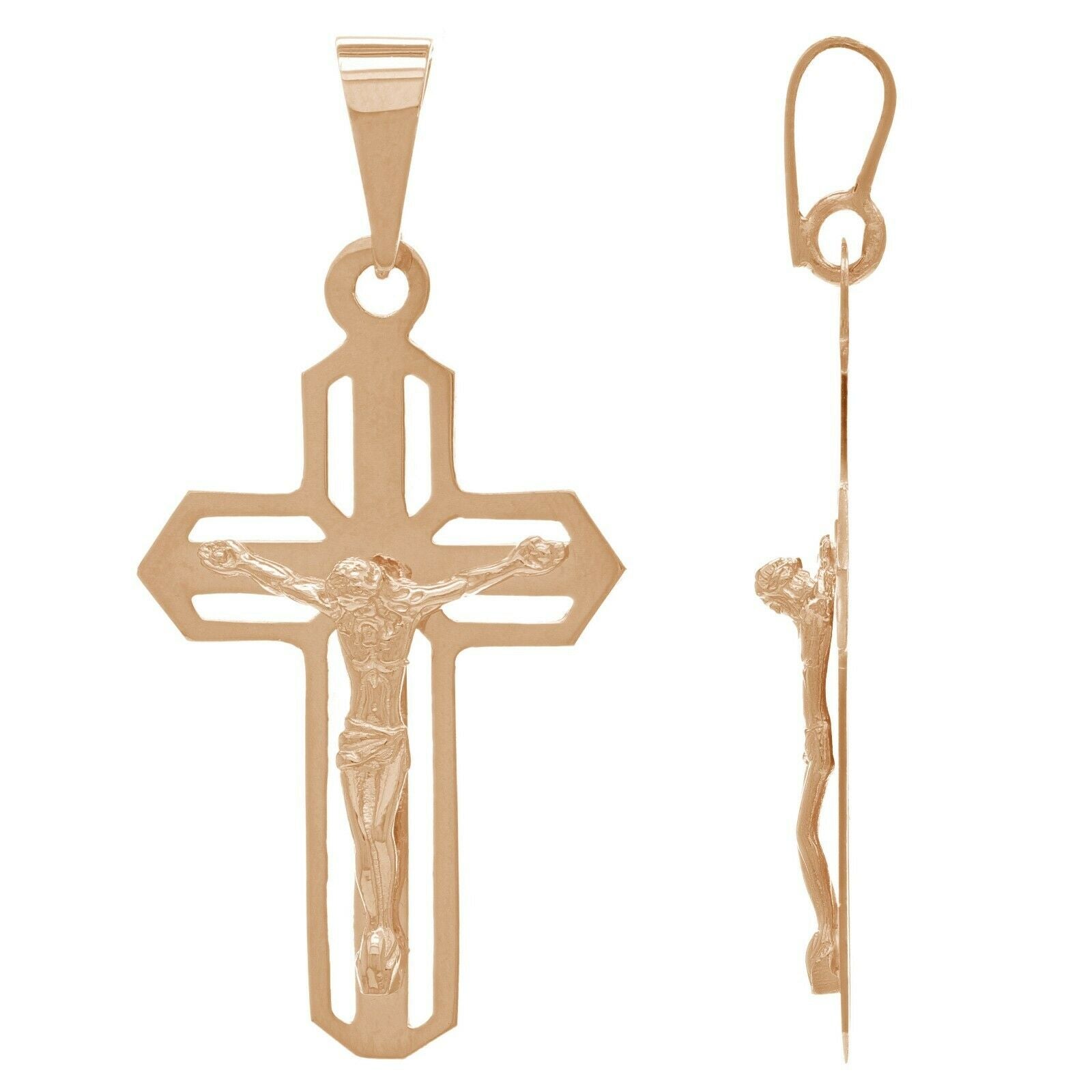 14k Rose Gold Jesus Christ Crucifix Cross Religious Charm Pendant 1.4" 2.6 grams - Rose
