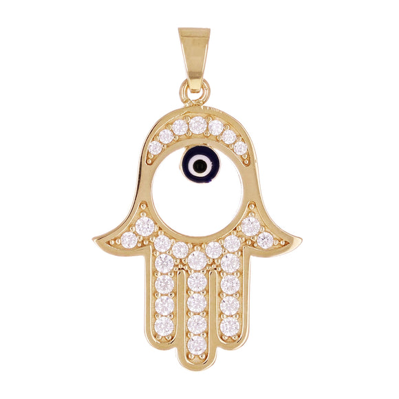 Italian 14k Yellow Gold Enamel Hamsa Hand Pendant with CZ 26.9mmx16.6mm 2.3g - Big