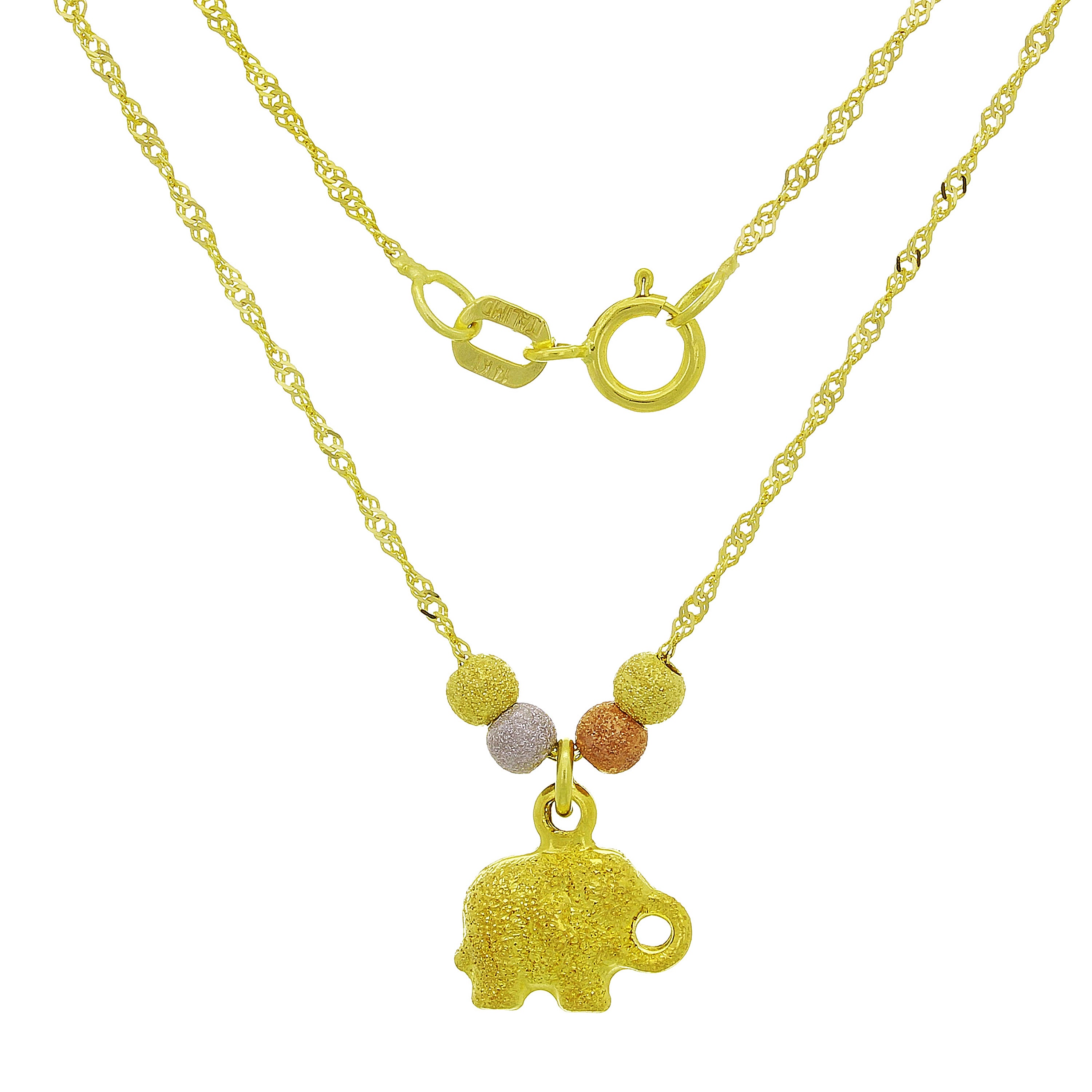14k Tri Color Gold Ball Beads Teddy Bear Charm Singapore Chain Necklace 17" - Teddy Bear Satin Finish