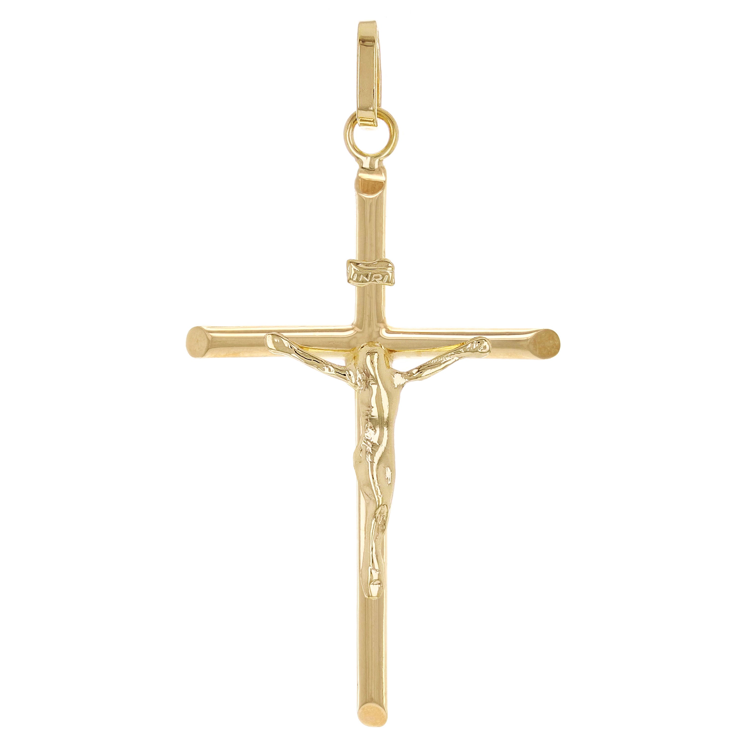 Italian 14k Yellow Gold Hollow INRI Crucifix Cross Charm Pendant 1.7" 1.4 grams